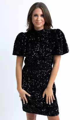 Sequin Puff Sleeve Open Back Dress