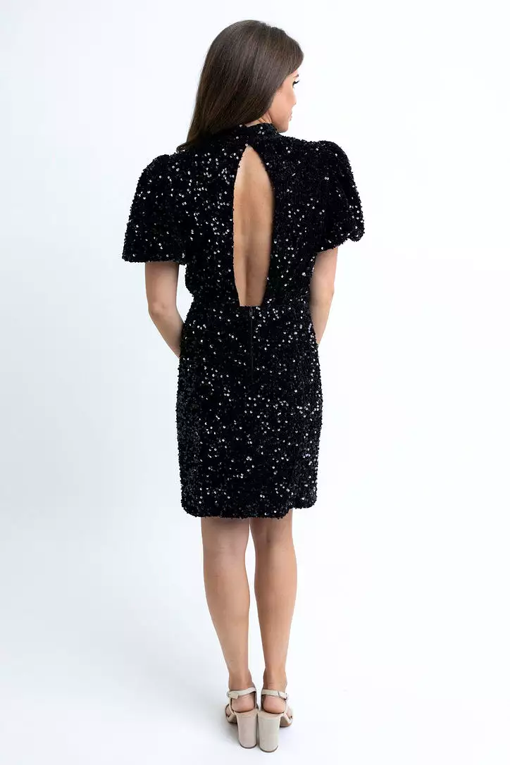 Sequin Puff Sleeve Open Back Dress