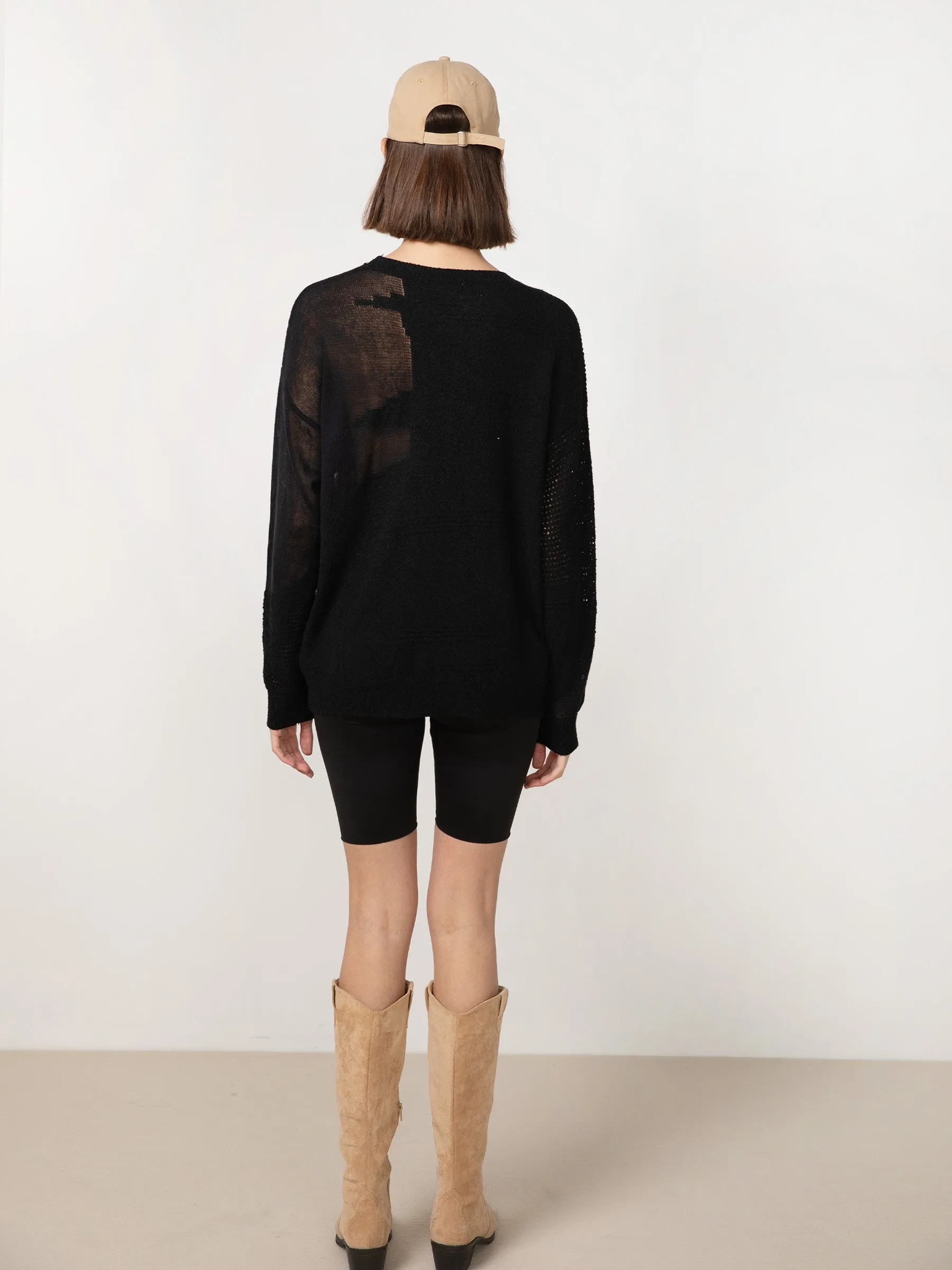 Sheer Triangular Panelled Thin Knit Sweater