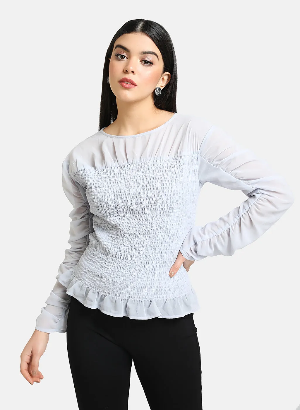 Smocked Top With Ruched Sleeves