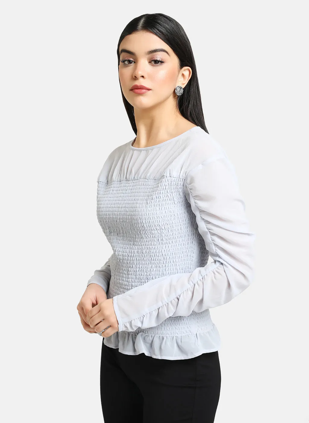 Smocked Top With Ruched Sleeves