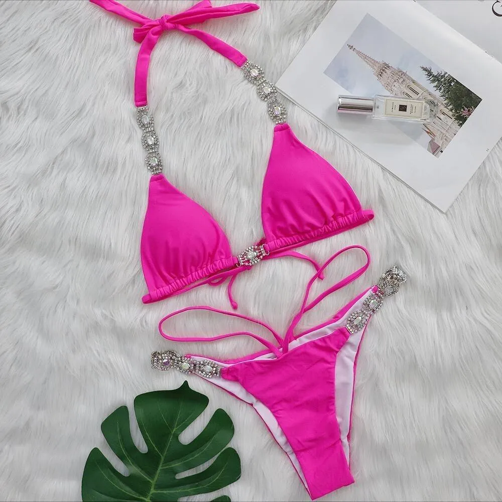 Snake Print Crystal Split Bikini Set with Thongs