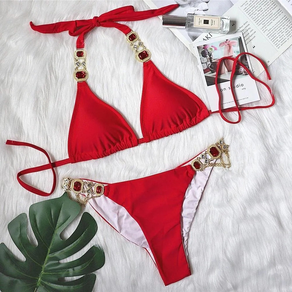 Snake Print Crystal Split Bikini Set with Thongs