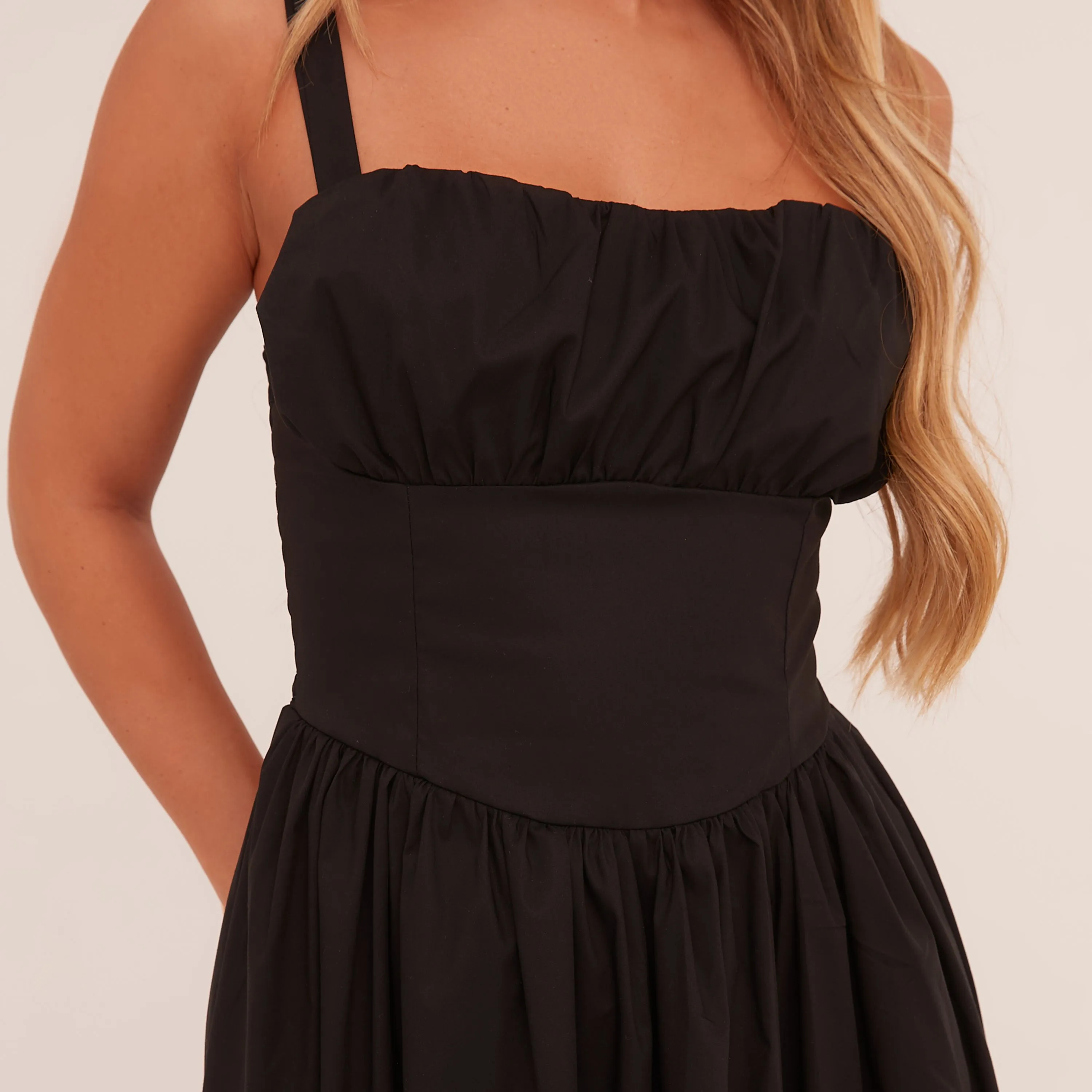 Square Neck Ruched Bust Maxi Skater Dress In Black Woven