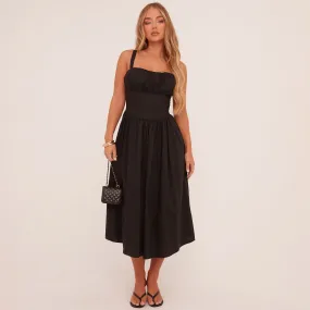 Square Neck Ruched Bust Maxi Skater Dress In Black Woven