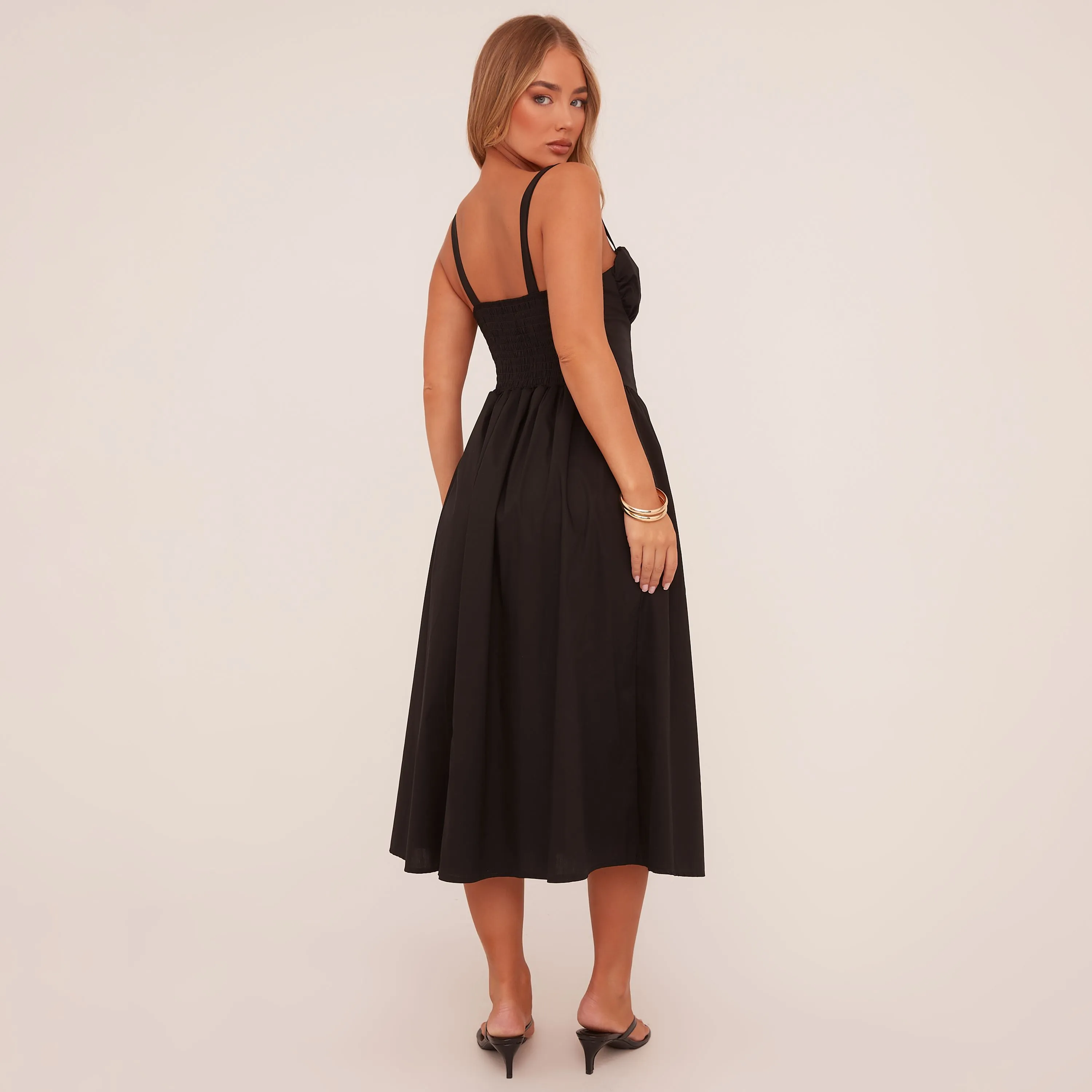 Square Neck Ruched Bust Maxi Skater Dress In Black Woven