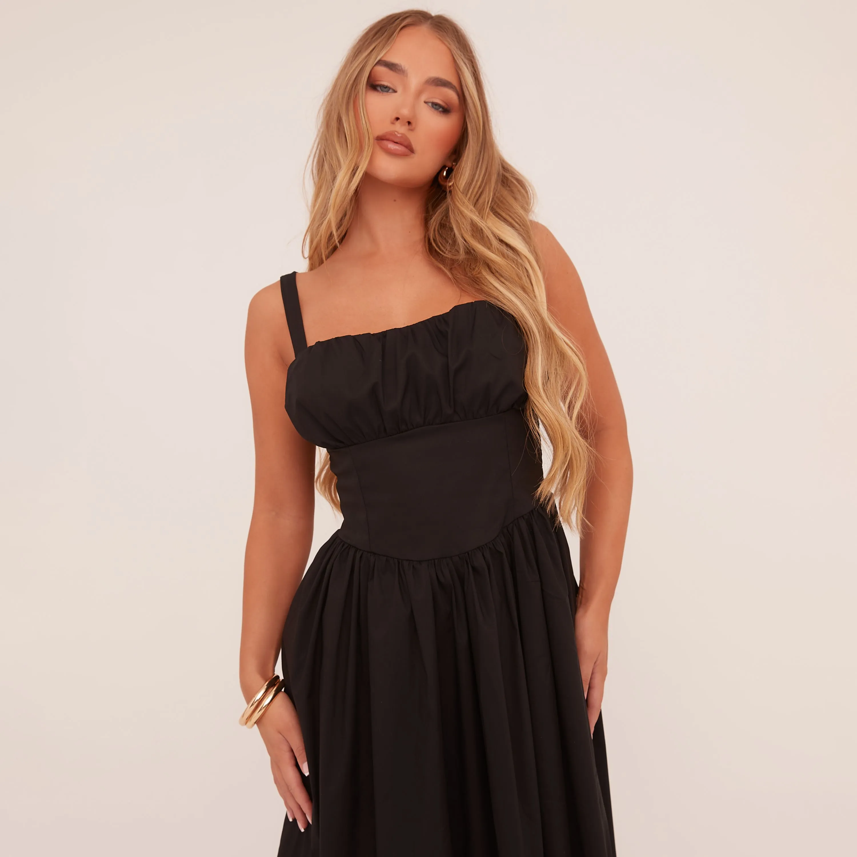 Square Neck Ruched Bust Maxi Skater Dress In Black Woven