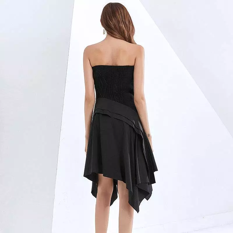 Strapless Knit Irregular Skirt Dress in Black