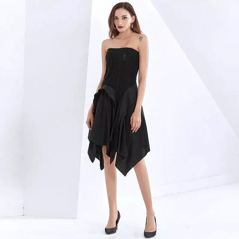 Strapless Knit Irregular Skirt Dress in Black