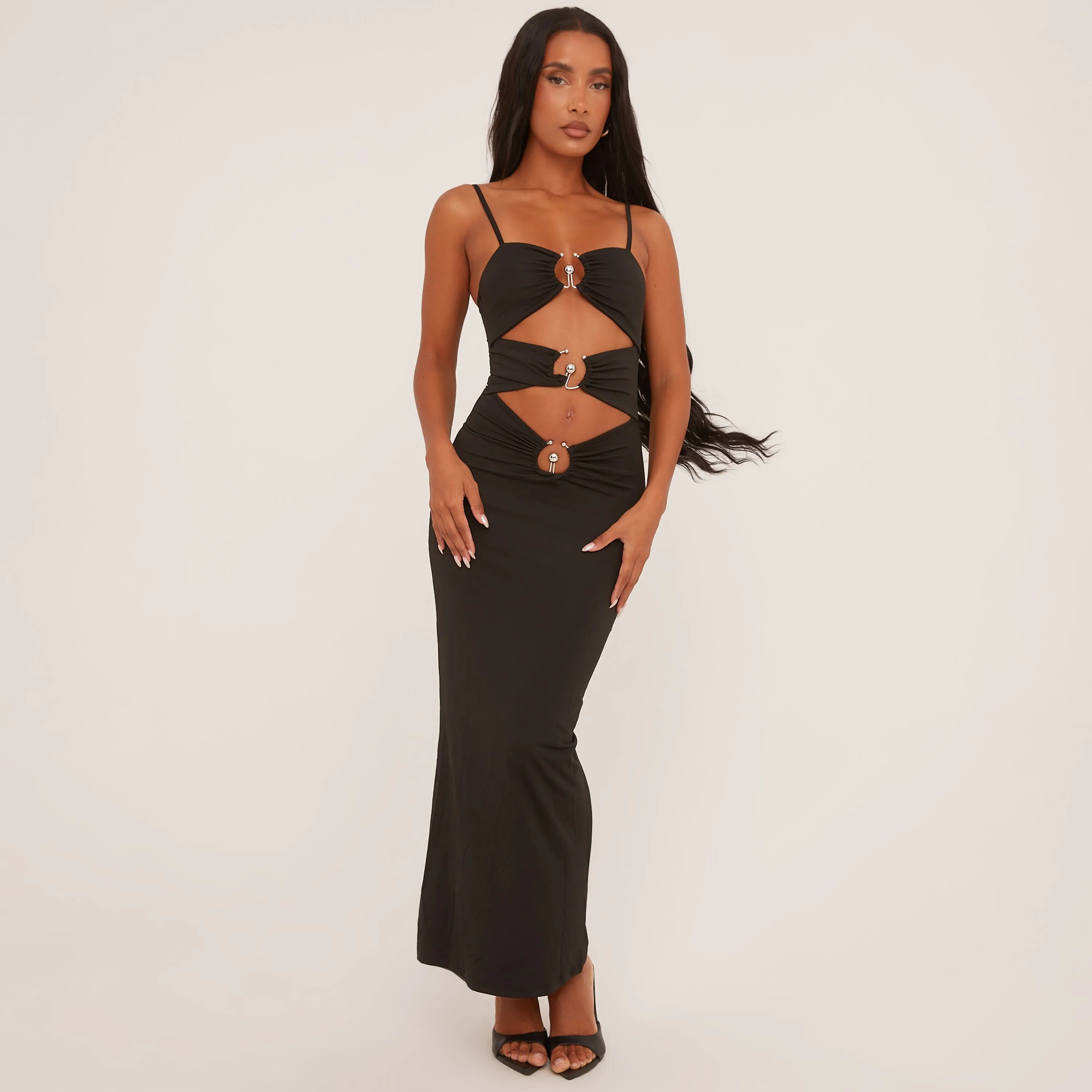 Strappy Ring Detail Cut Out Front Maxi Dress In Black Slinky