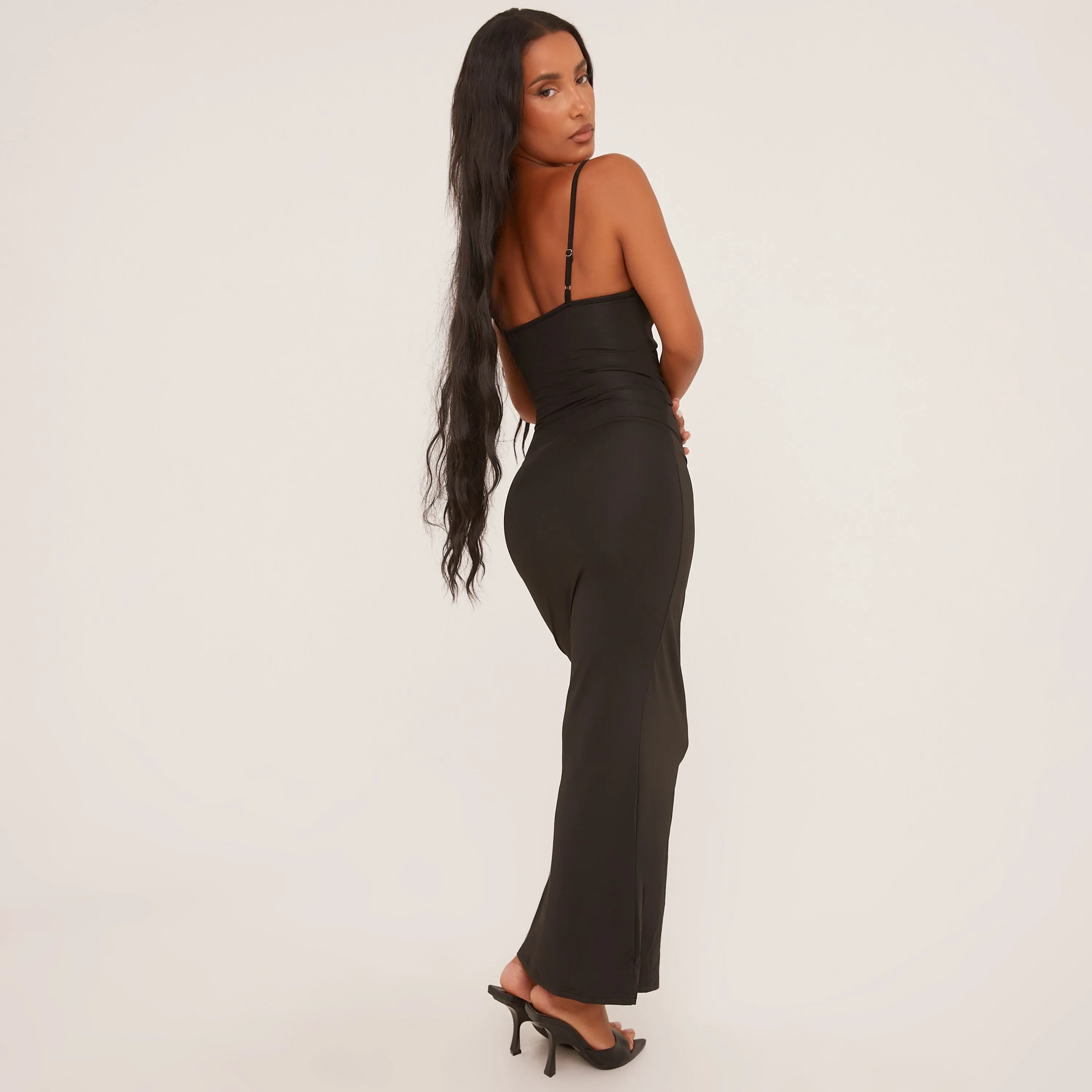 Strappy Ring Detail Cut Out Front Maxi Dress In Black Slinky