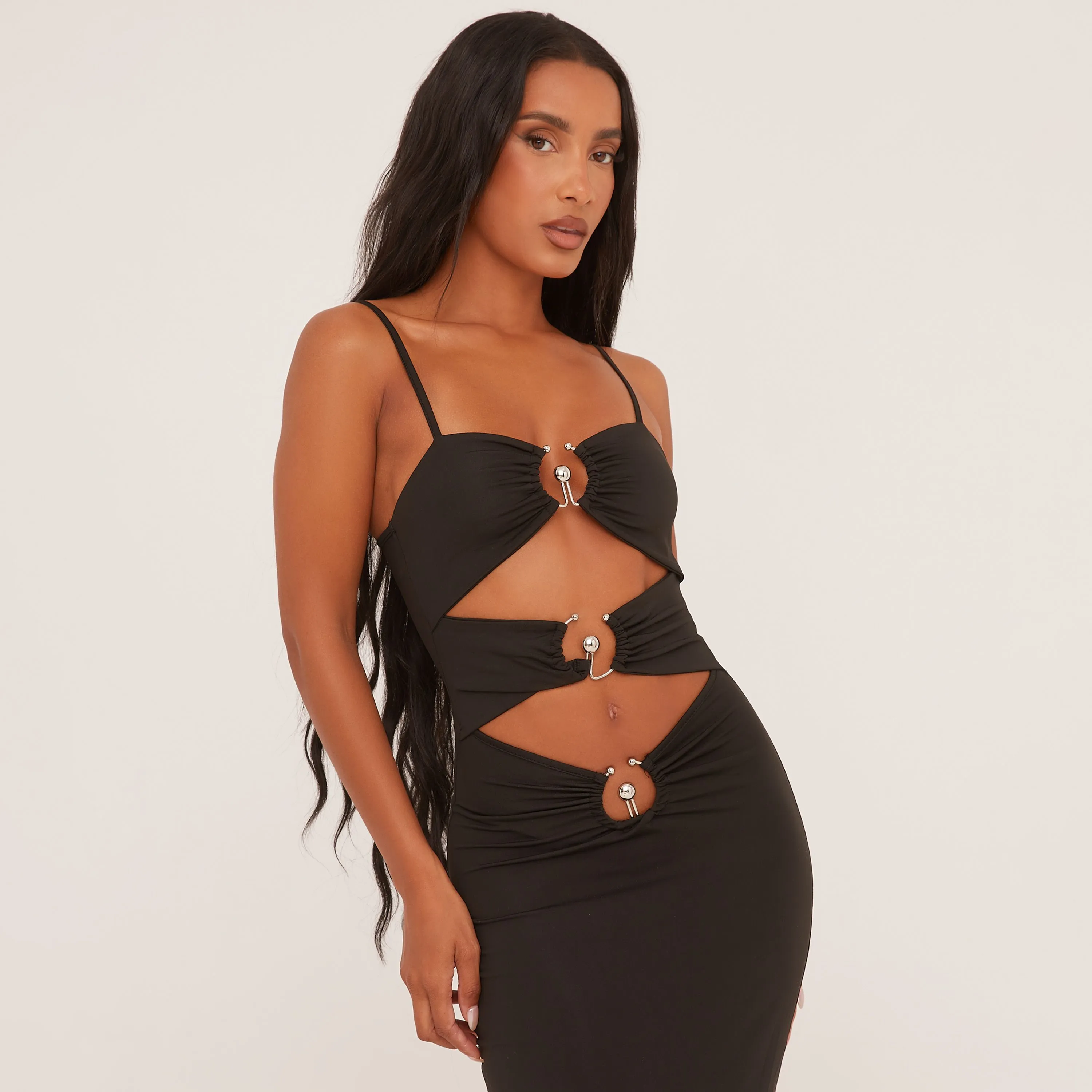 Strappy Ring Detail Cut Out Front Maxi Dress In Black Slinky