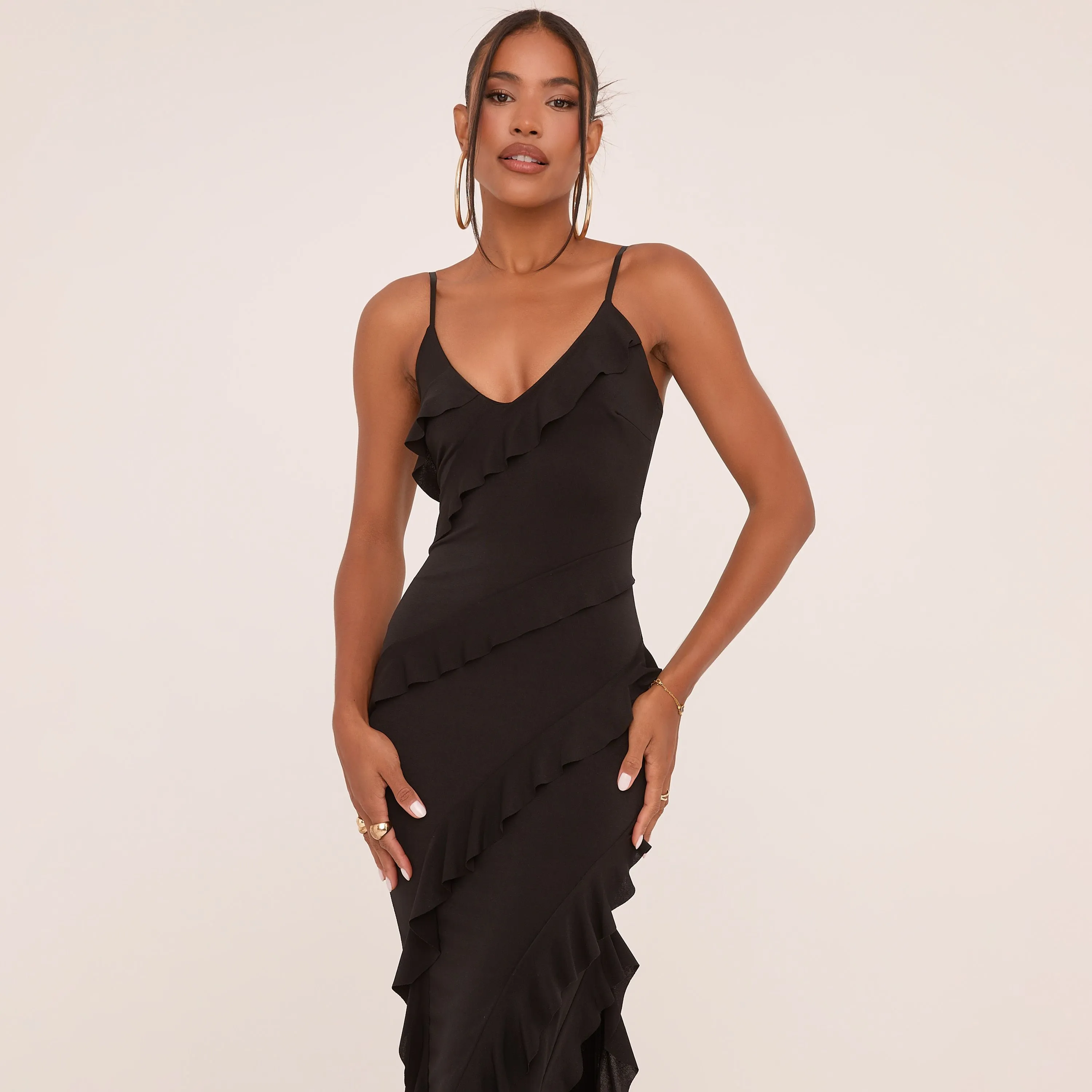 Strappy Tiered Frill Asymmetric Maxi Dress In Black Slinky