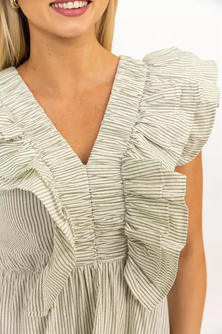 Stripe Seersucker Ruffle Smock Dress