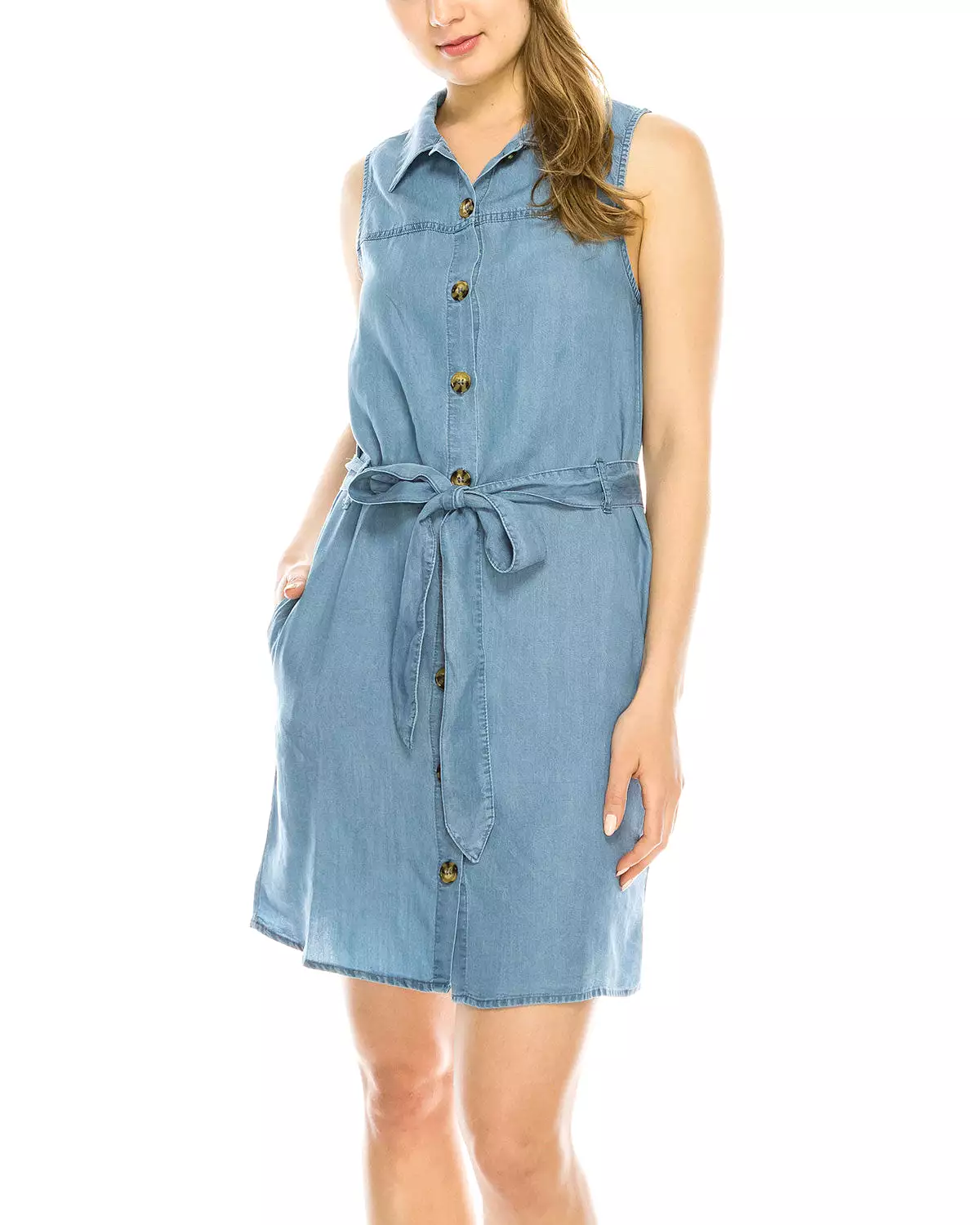 Summer Button Down Denim Shirt Dress Tunic with Front Tie Waist