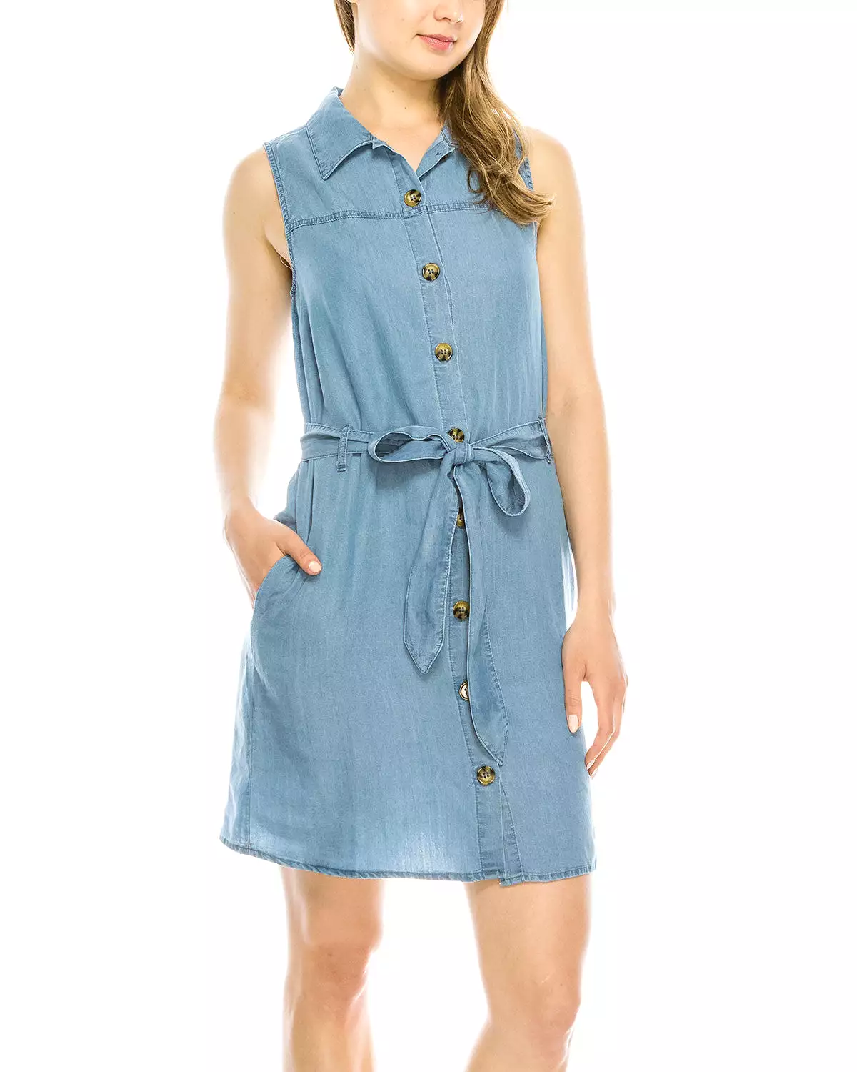 Summer Button Down Denim Shirt Dress Tunic with Front Tie Waist