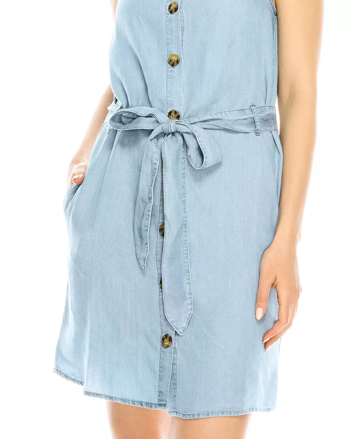 Summer Button Down Denim Shirt Dress with Front Tie Waist