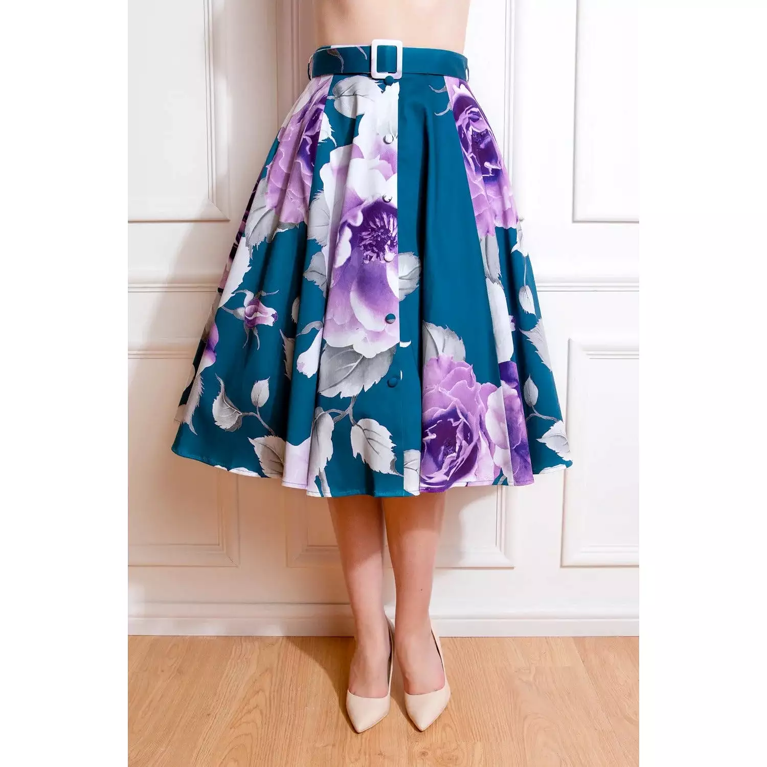 Teal Floral Rockabilly Swing Skirt