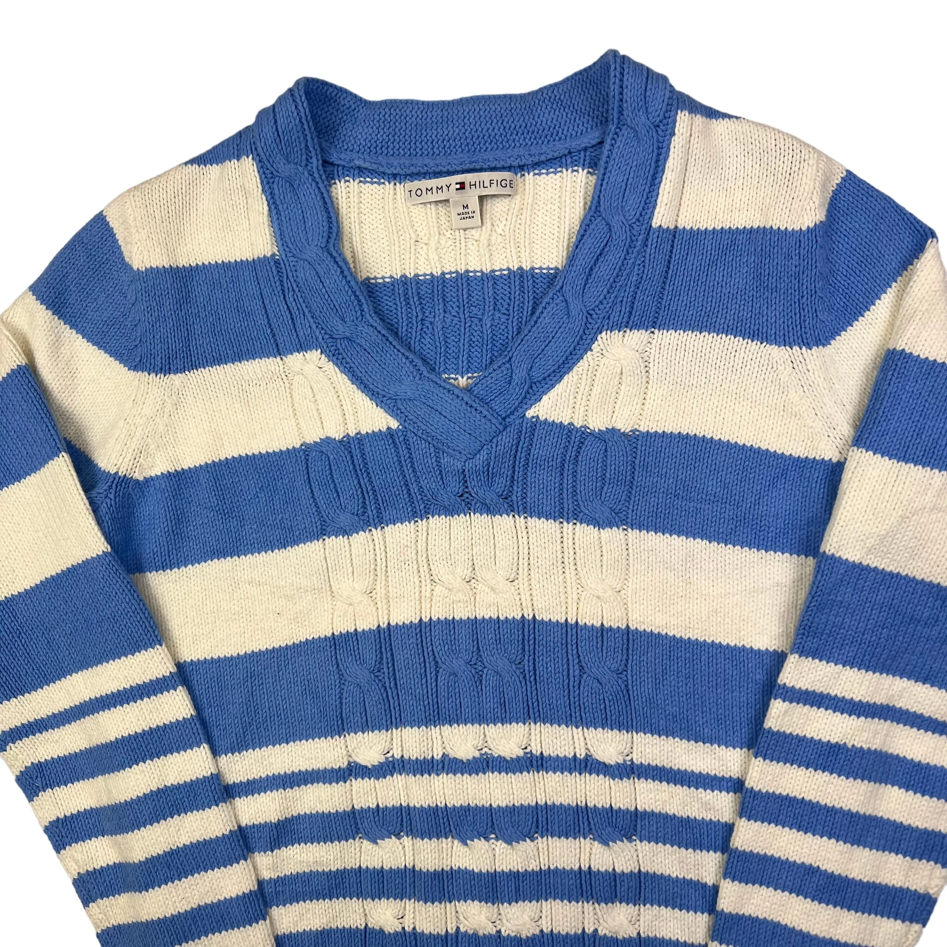 Tommy Hilfiger Striped V-Neck Knit Sweater Blue Cream