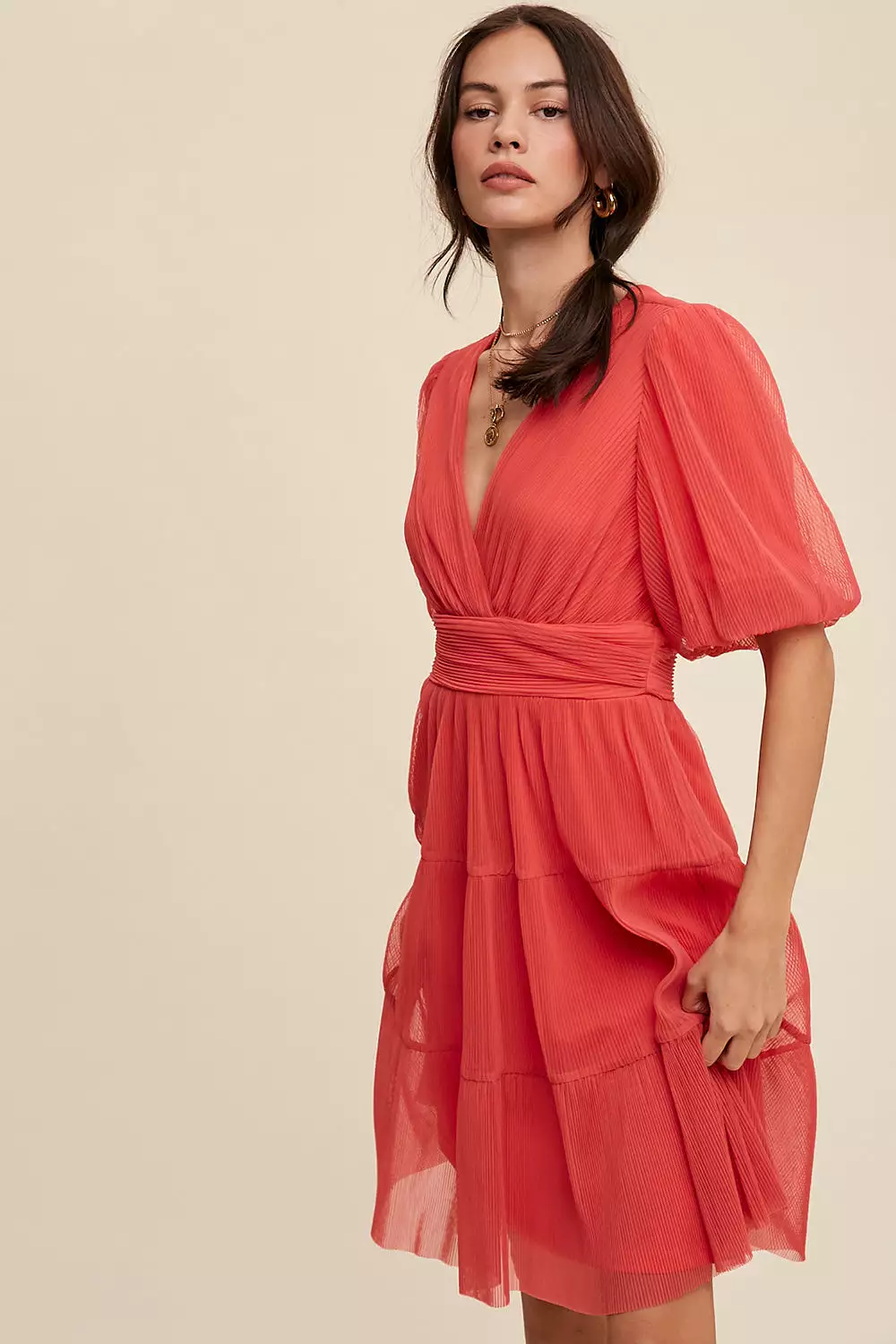 V-Neck Pleated Mesh Cinched Waist Midi Dress