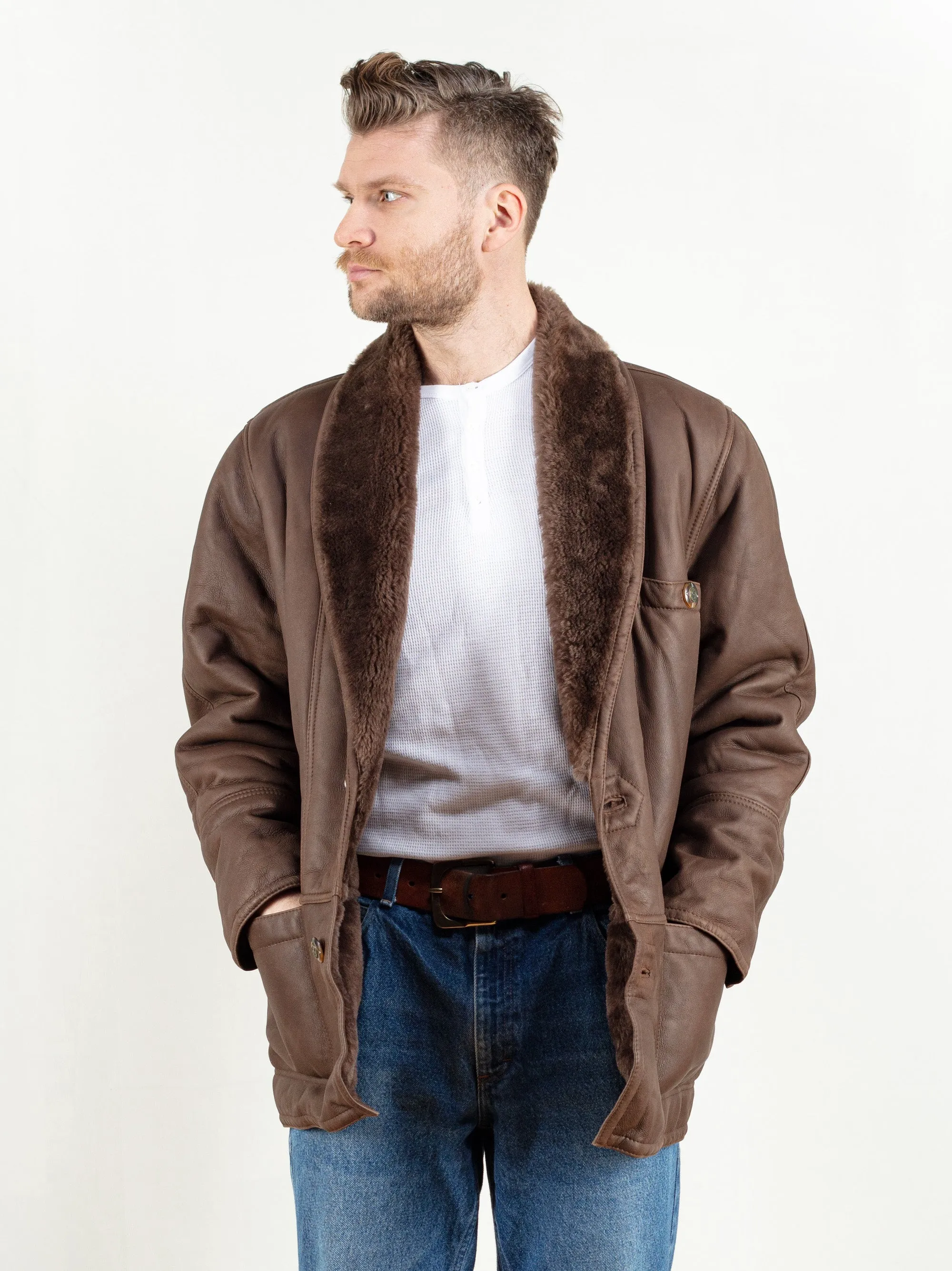 Vintage 70's Men Brown Leather Sheepskin Coat