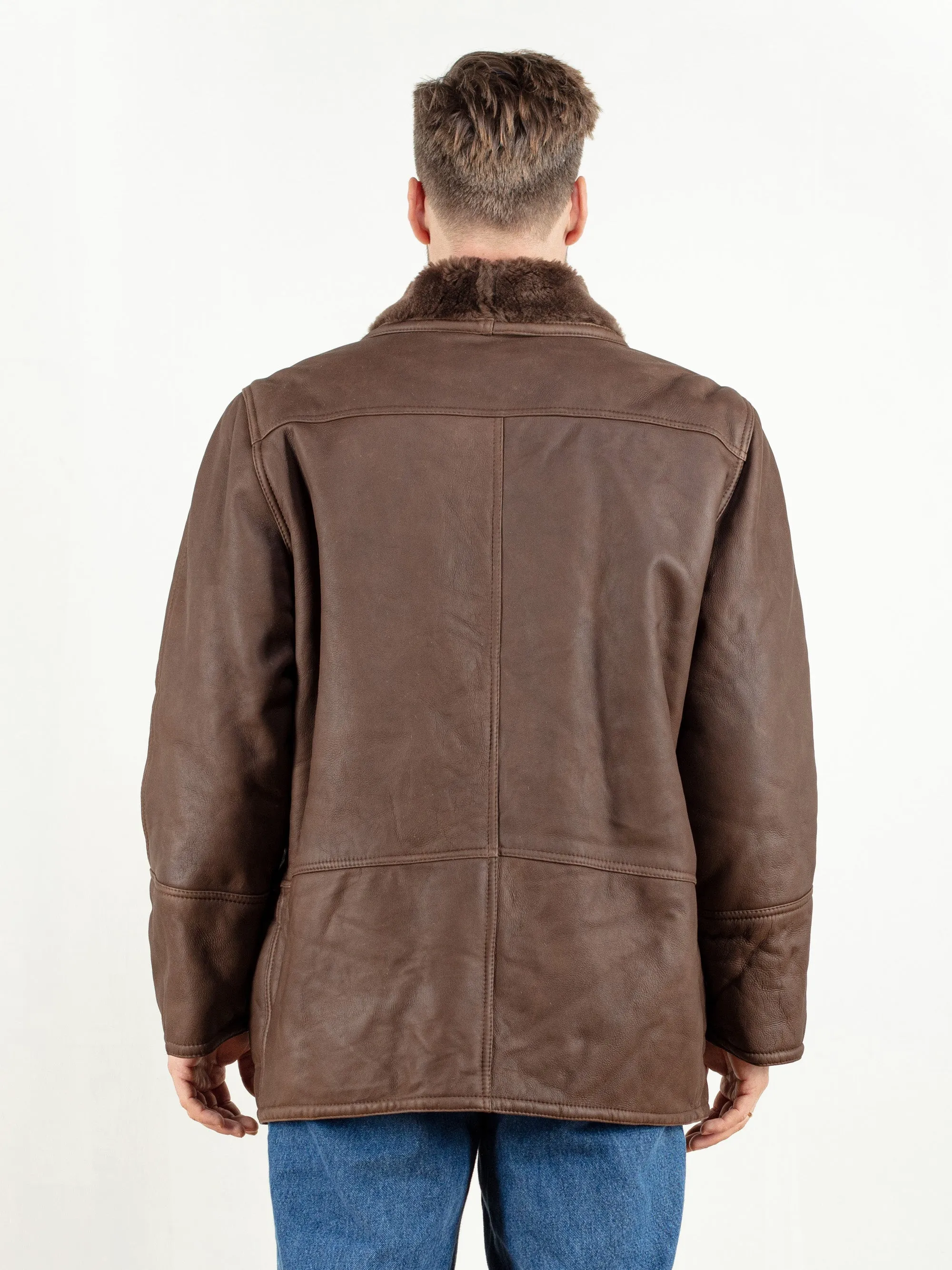 Vintage 70's Men Brown Leather Sheepskin Coat