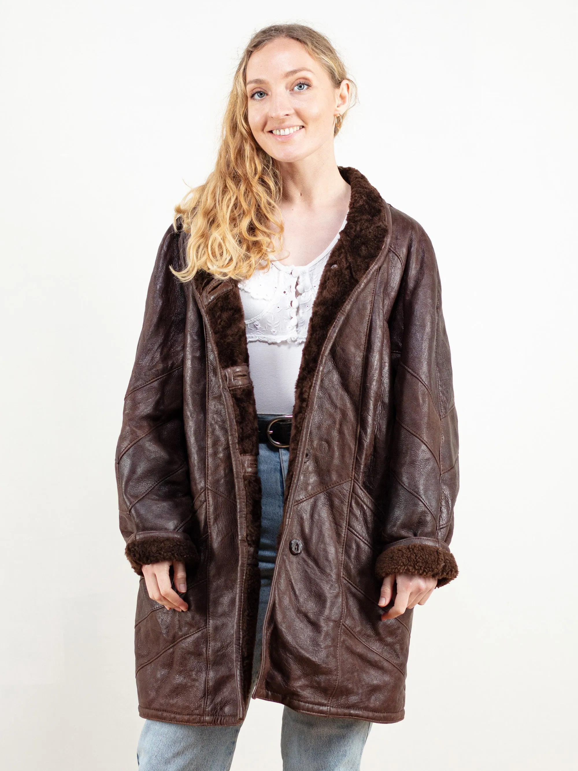 Vintage 70's Women Brown Leather Sheepskin Coat