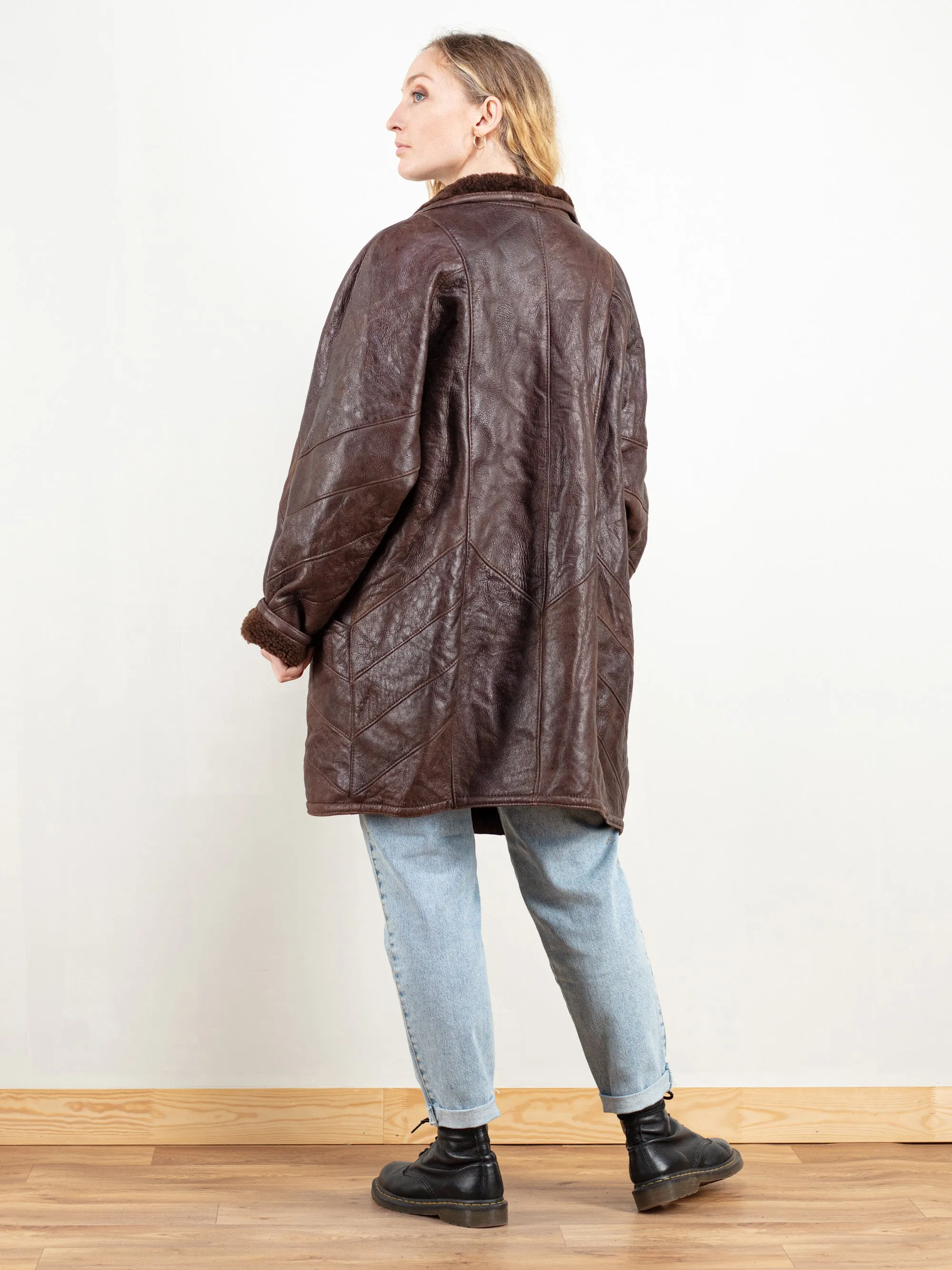 Vintage 70's Women Brown Leather Sheepskin Coat