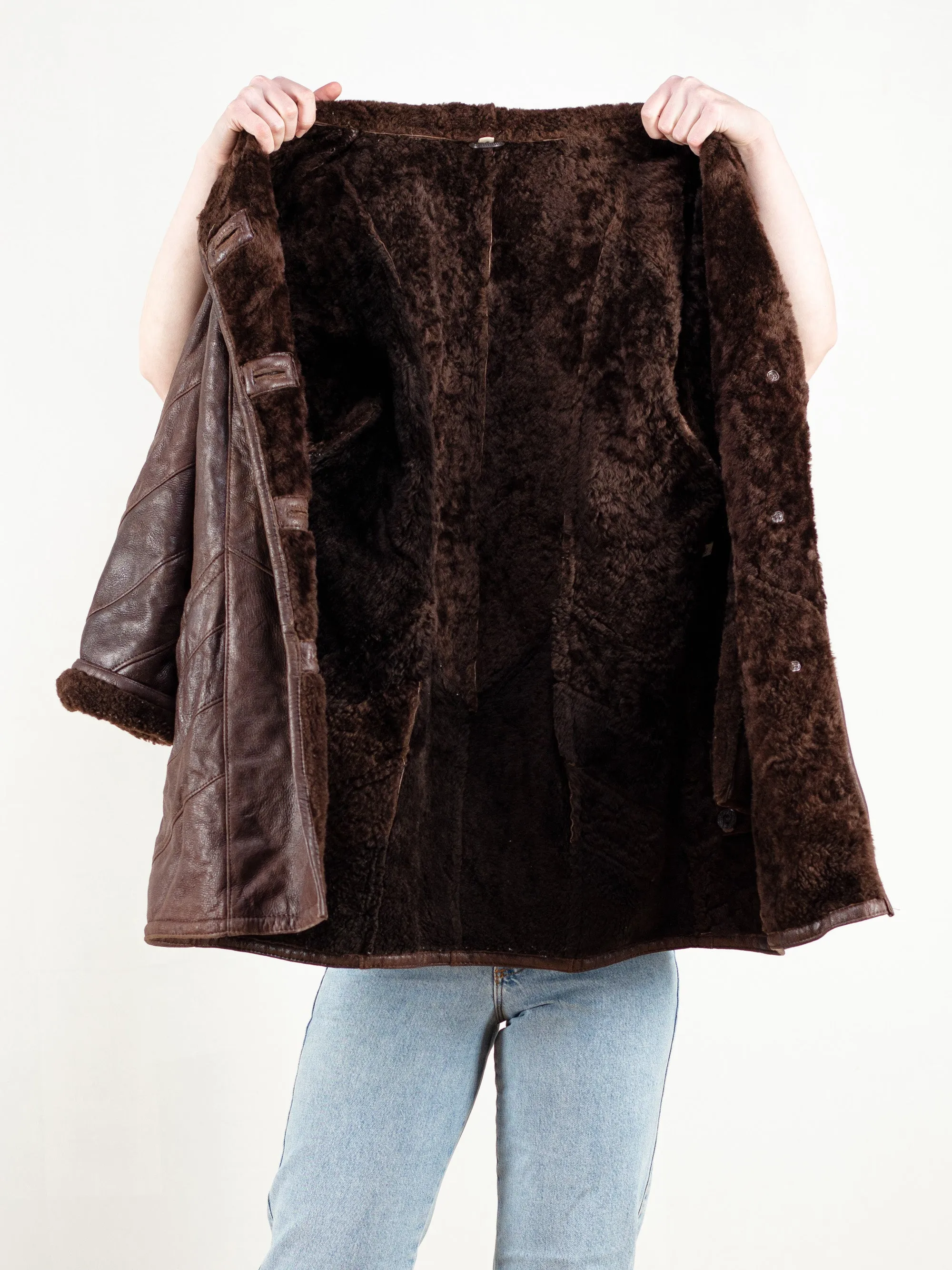 Vintage 70's Women Brown Leather Sheepskin Coat