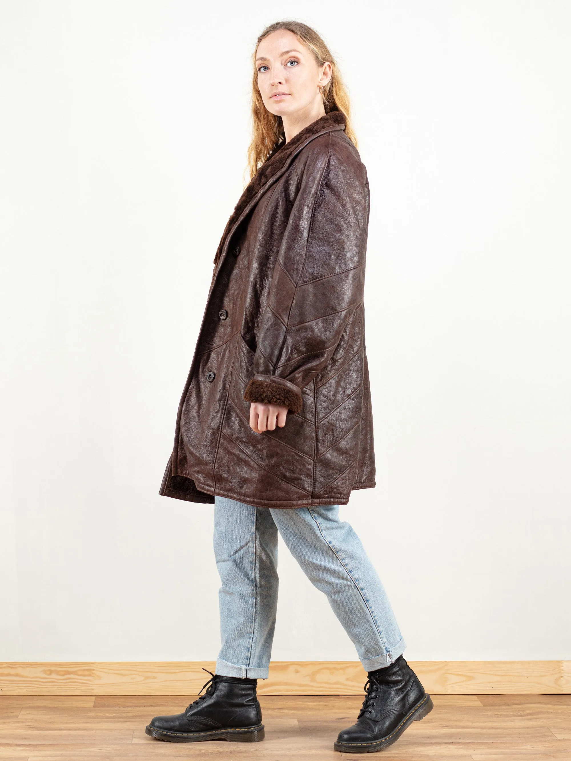 Vintage 70's Women Brown Leather Sheepskin Coat