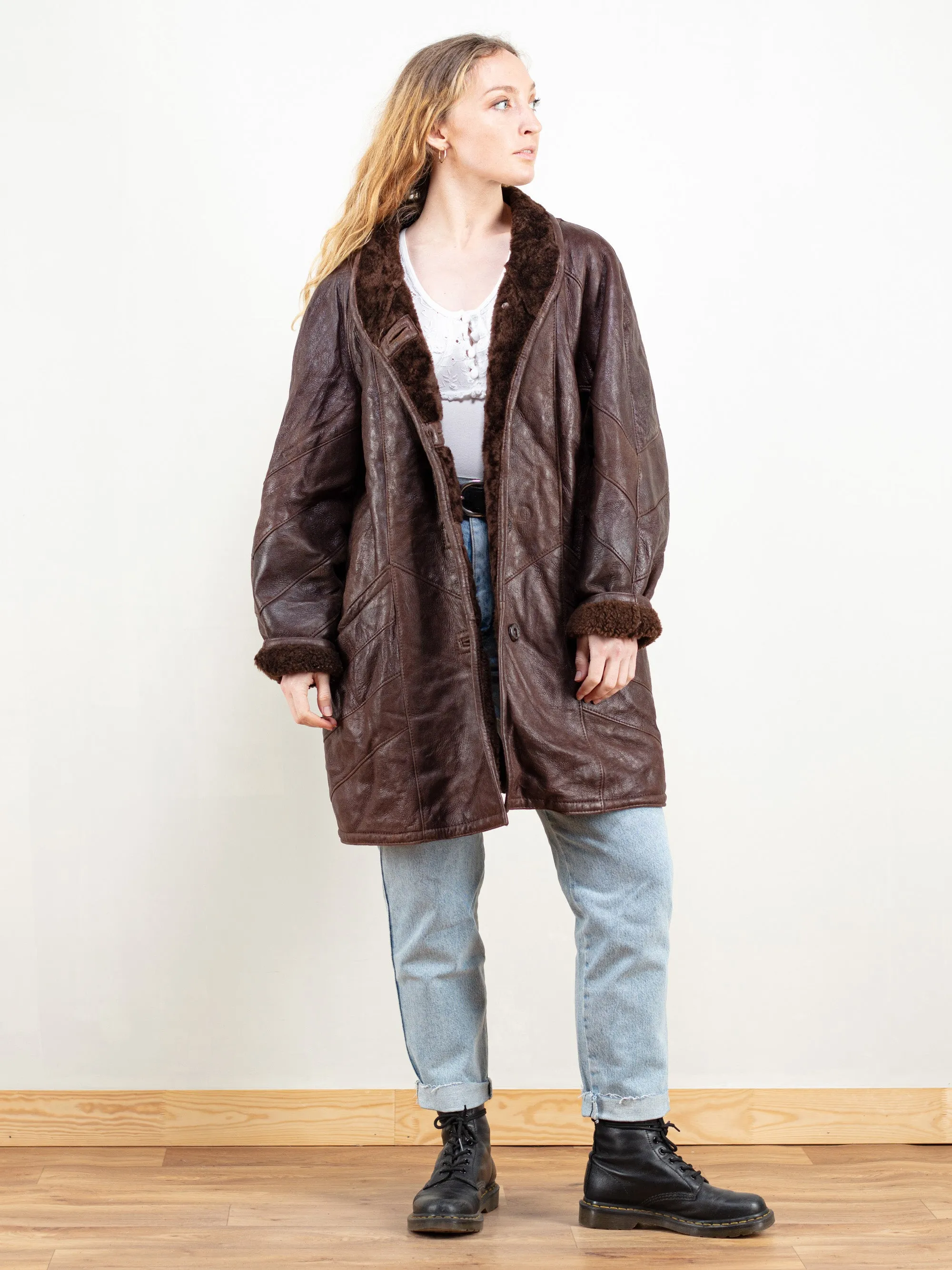 Vintage 70's Women Brown Leather Sheepskin Coat