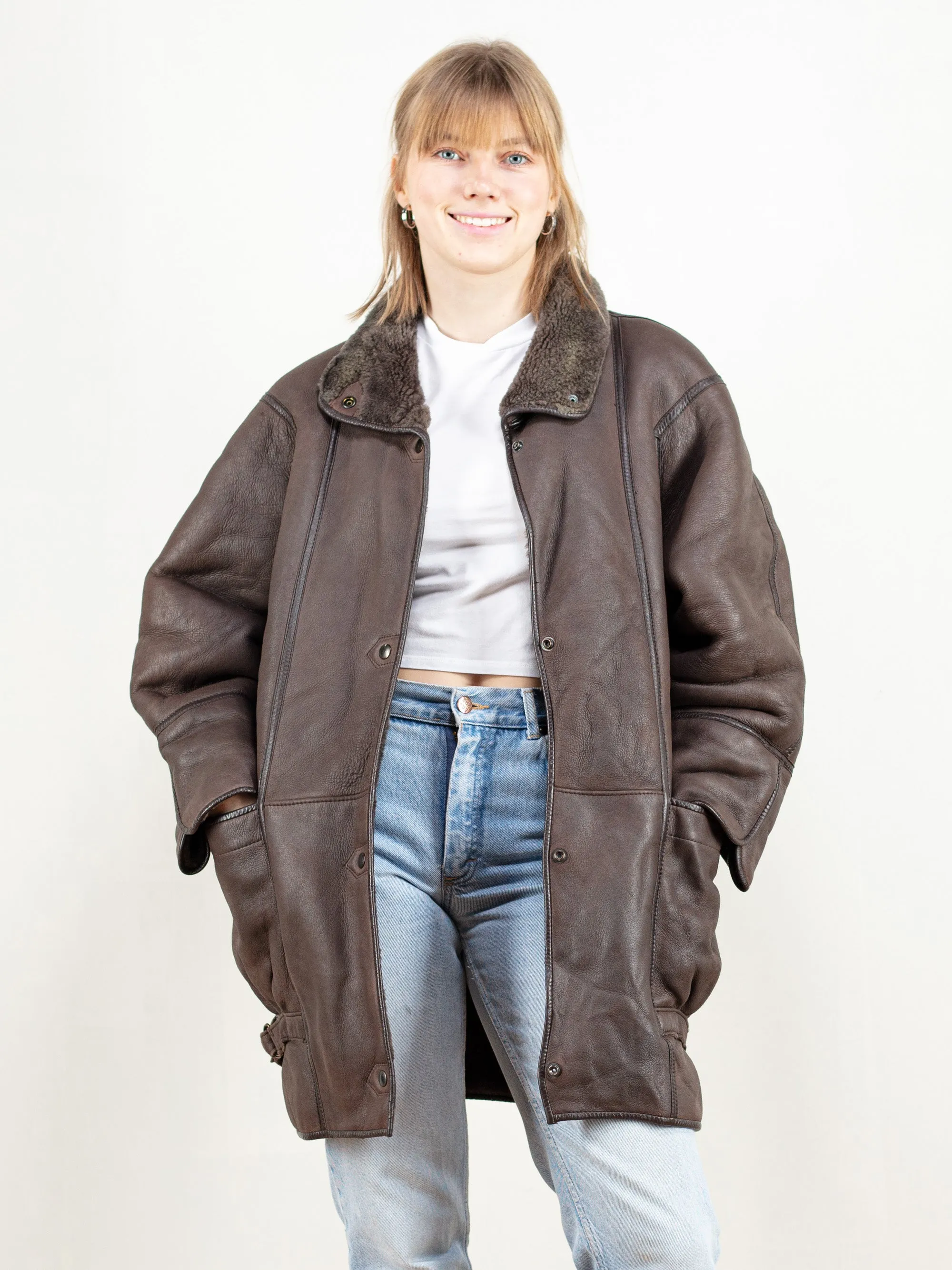 Vintage 70's Women Leather Shearling Coat