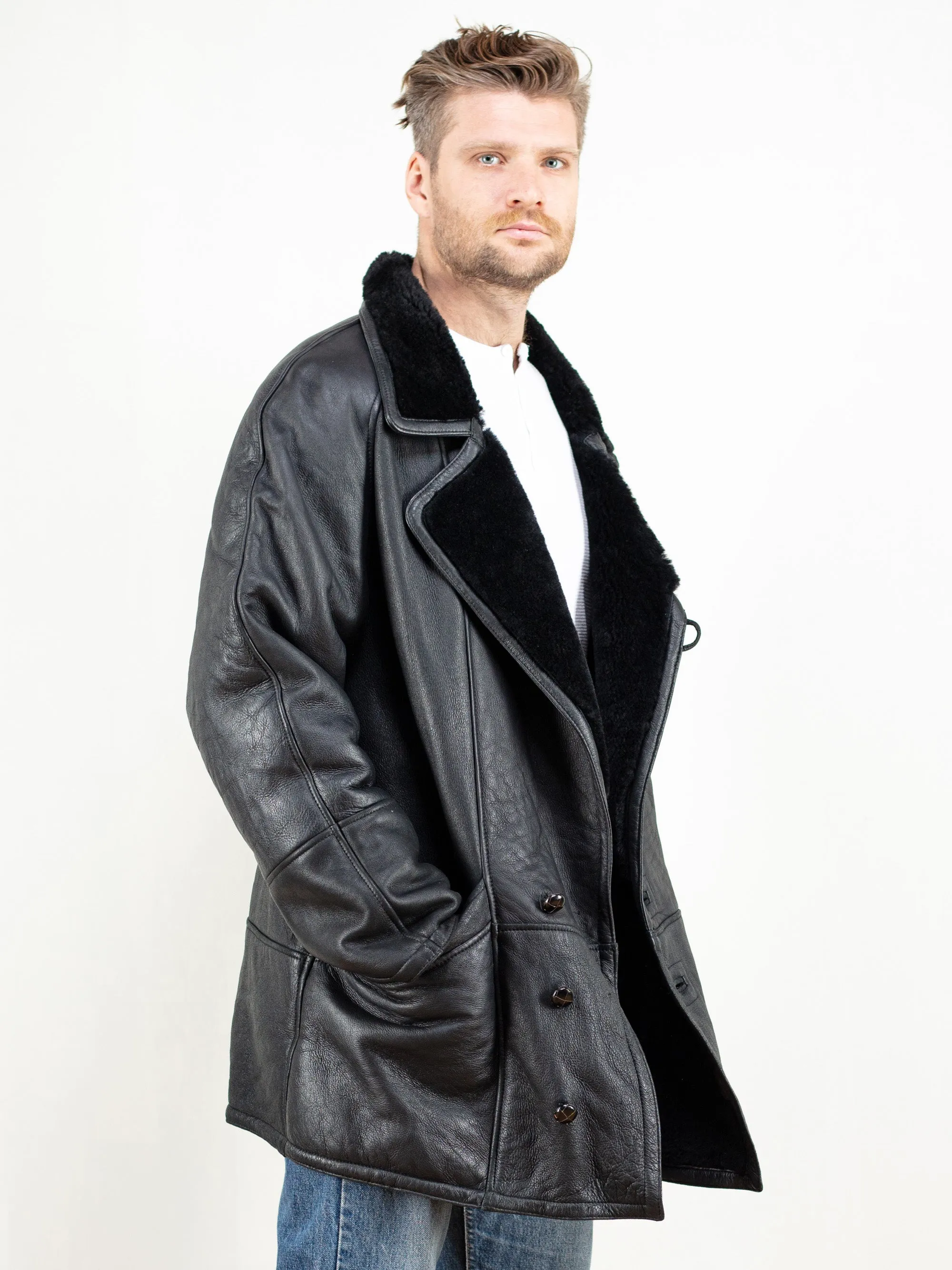 Vintage 80's Men Black Sheepskin Coat