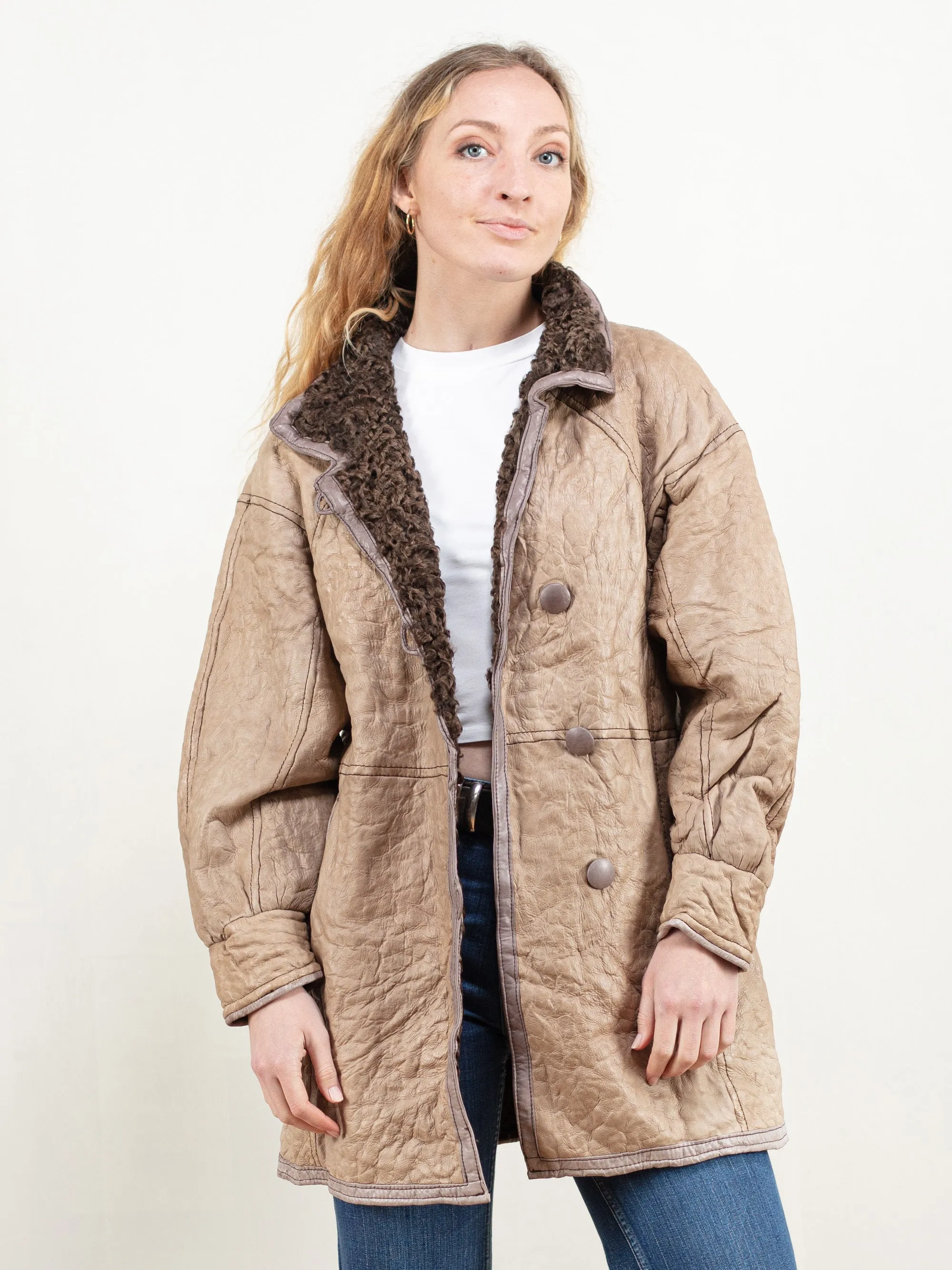 Vintage 80's Women Beige Leather and Fur Coat