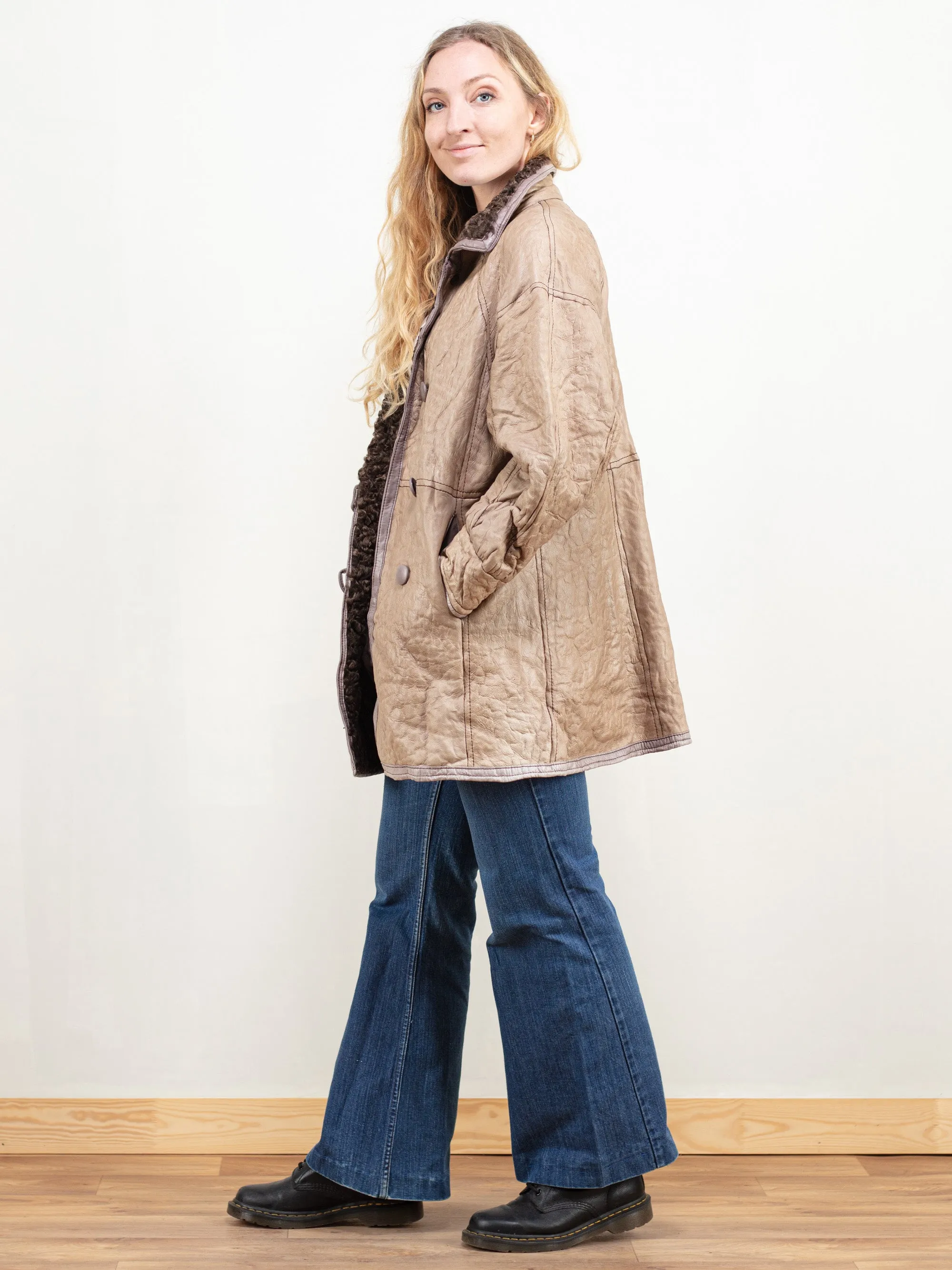 Vintage 80's Women Beige Leather and Fur Coat