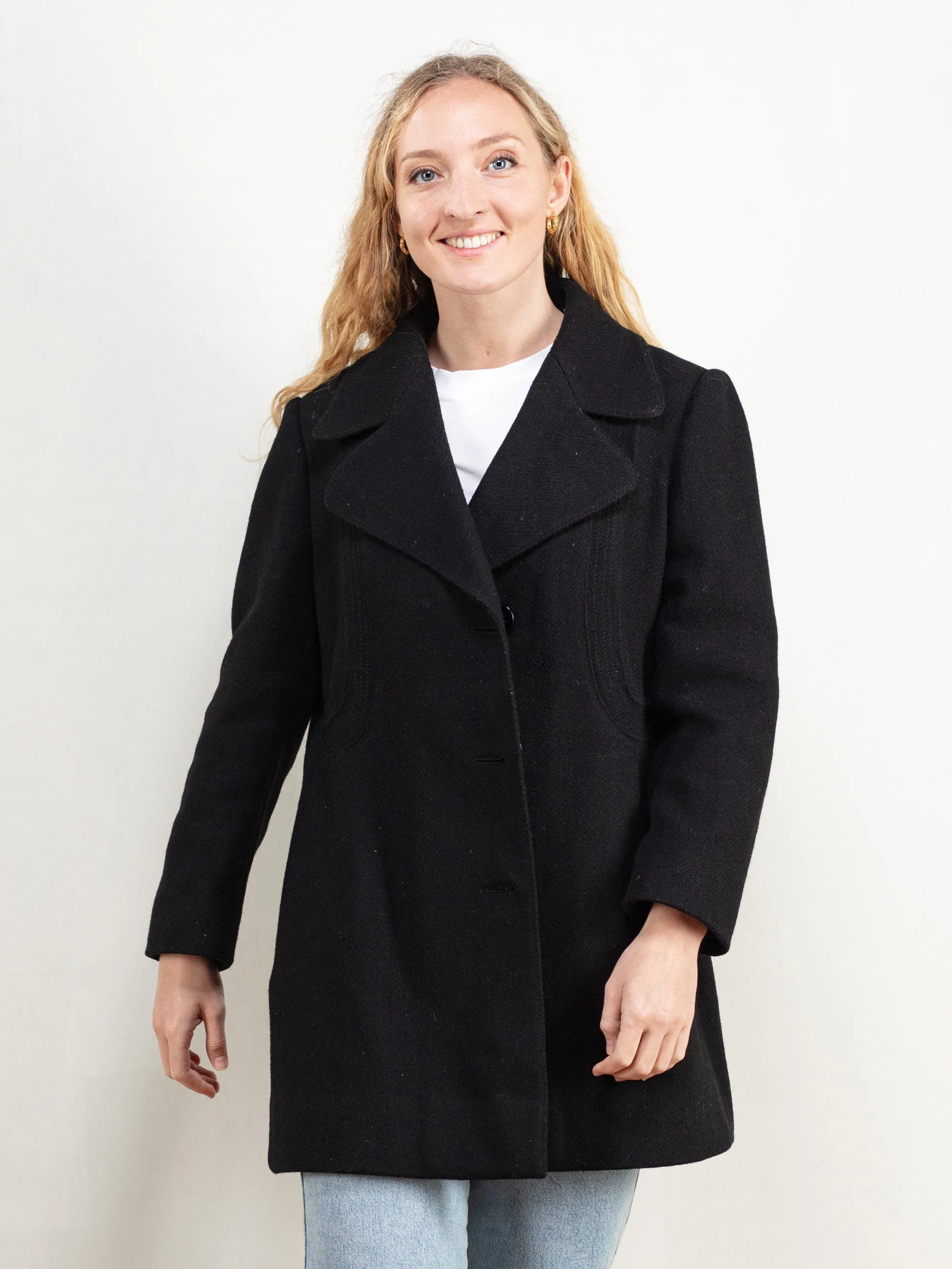 Vintage 80's Women Black Wool Coat