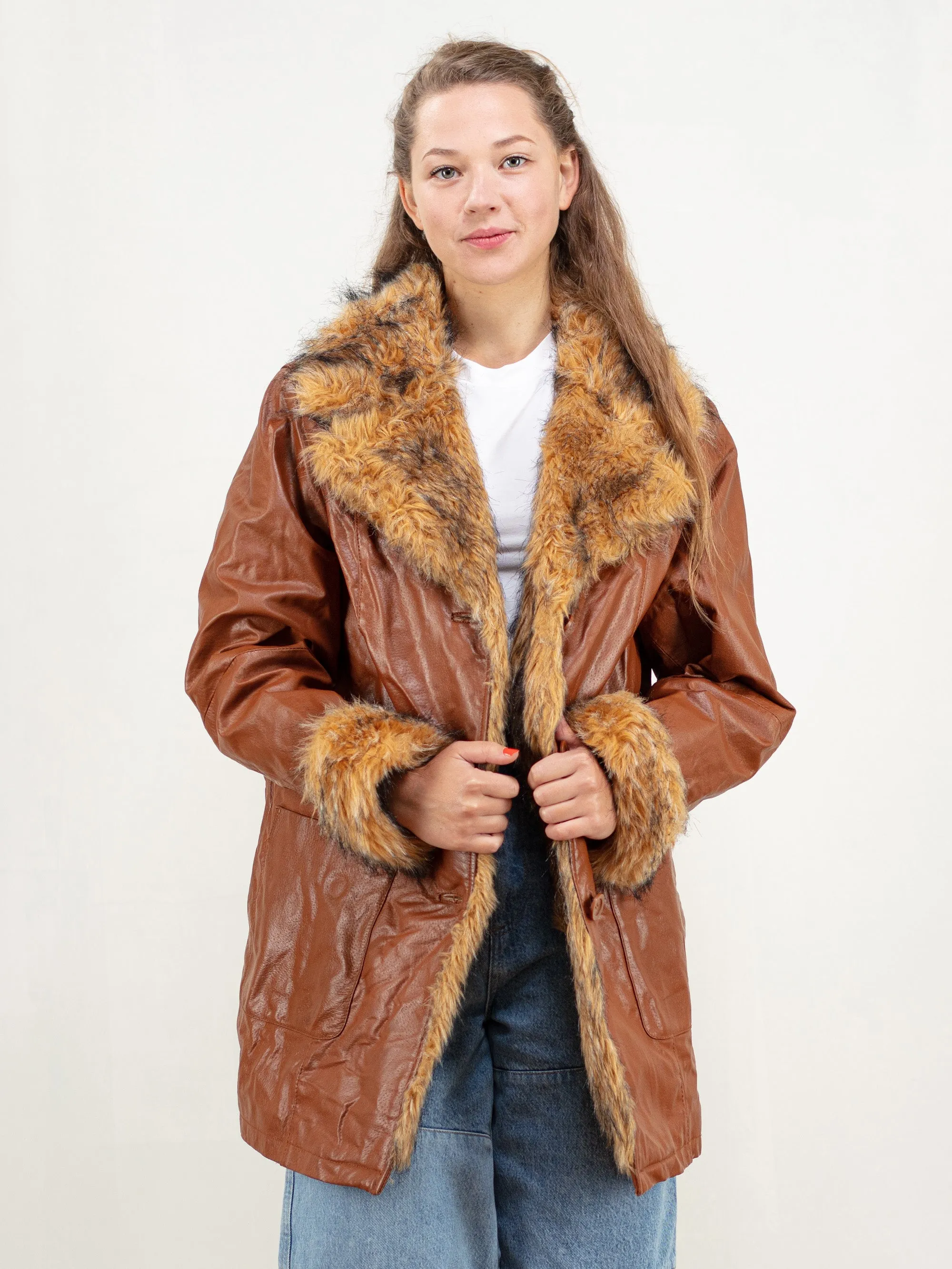 Vintage 80s Women Faux Fur Leather Coat