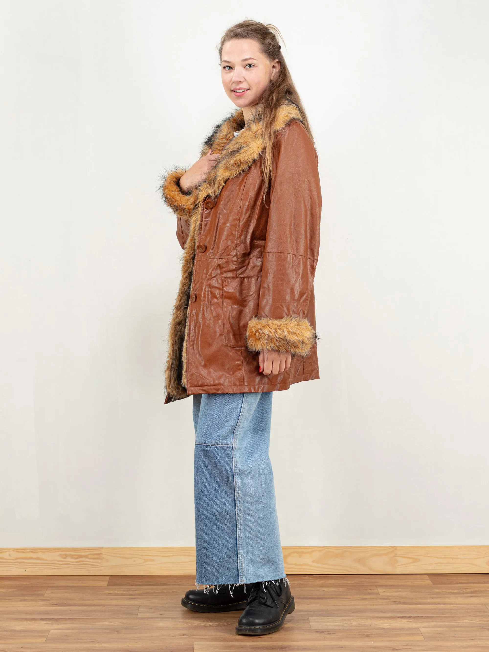 Vintage 80s Women Faux Fur Leather Coat