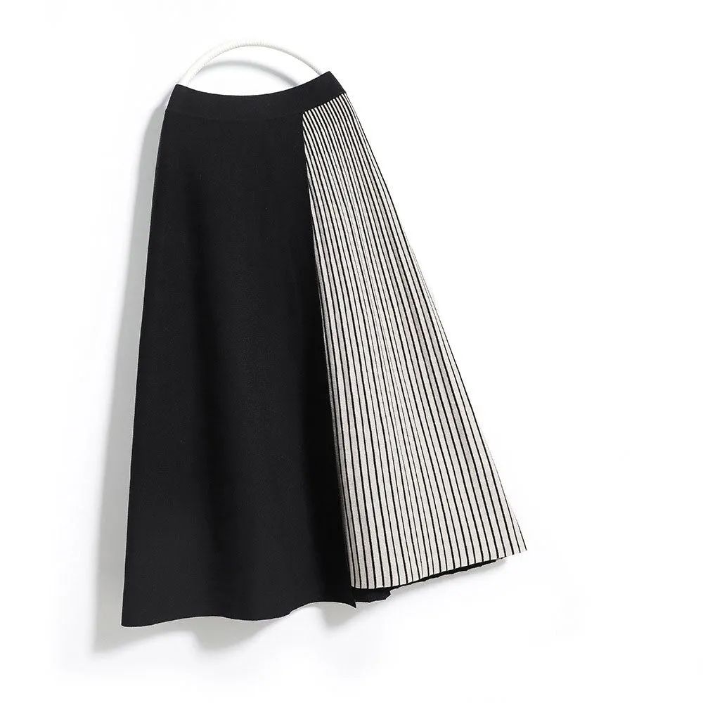 Winter Women Elastic High Waist Elegant A-Line Thick Knit Patchwork Skirts