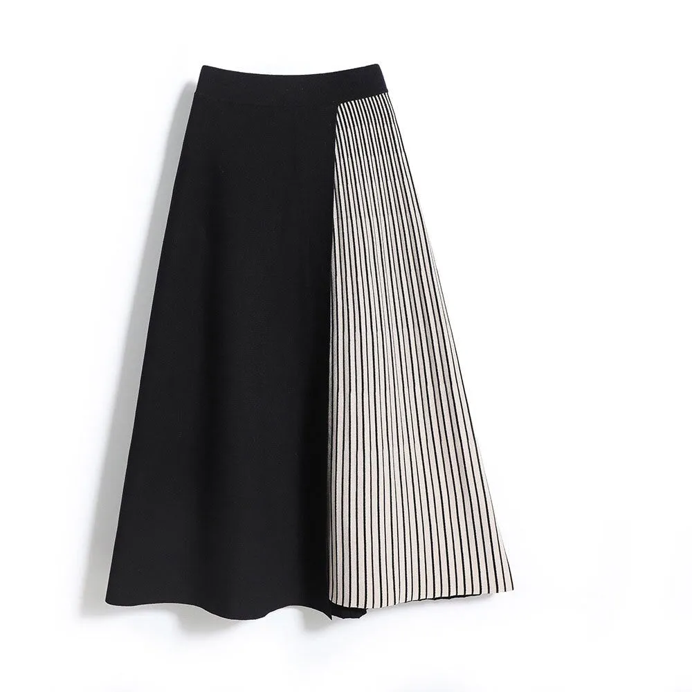 Winter Women Elastic High Waist Elegant A-Line Thick Knit Patchwork Skirts