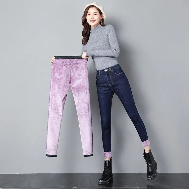 Women's Winter Thick Skinny High Waist Stretch Pencil Jeans Pants