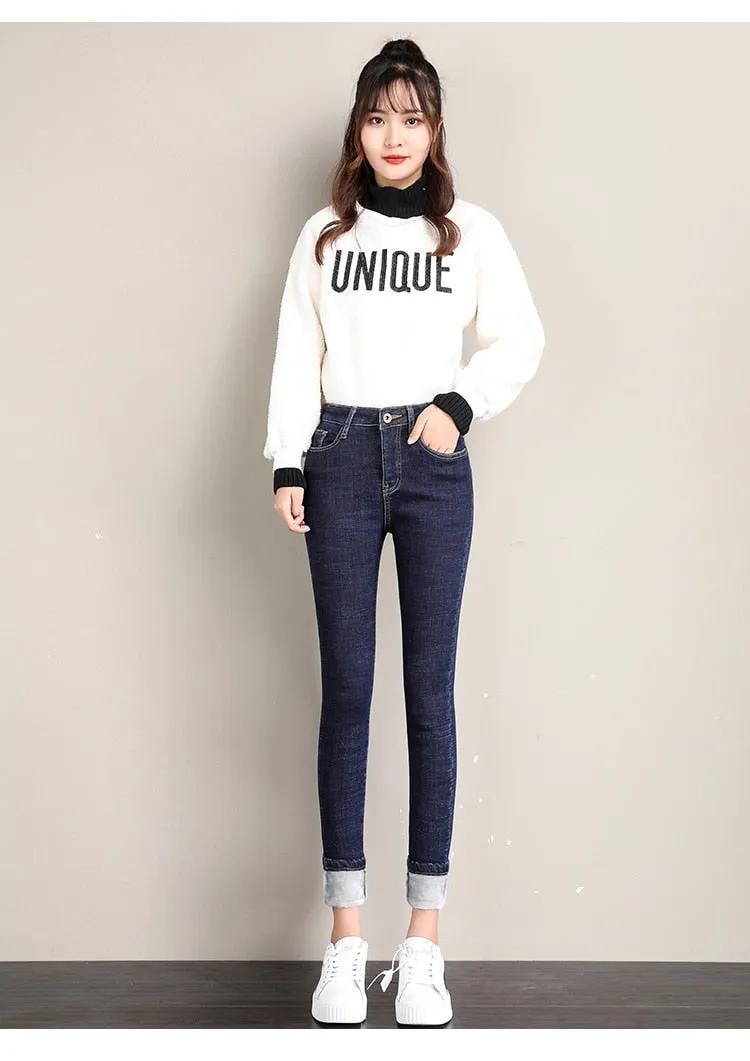 Women's Winter Thick Skinny High Waist Stretch Pencil Jeans Pants