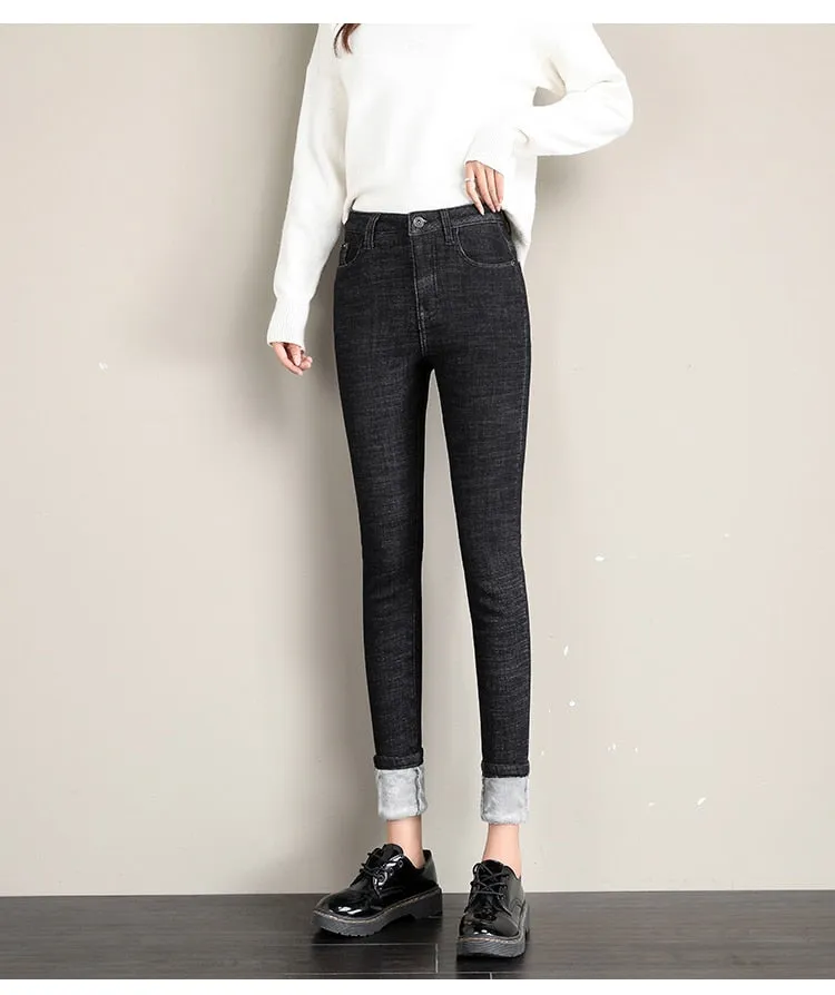 Women's Winter Thick Skinny High Waist Stretch Pencil Jeans Pants