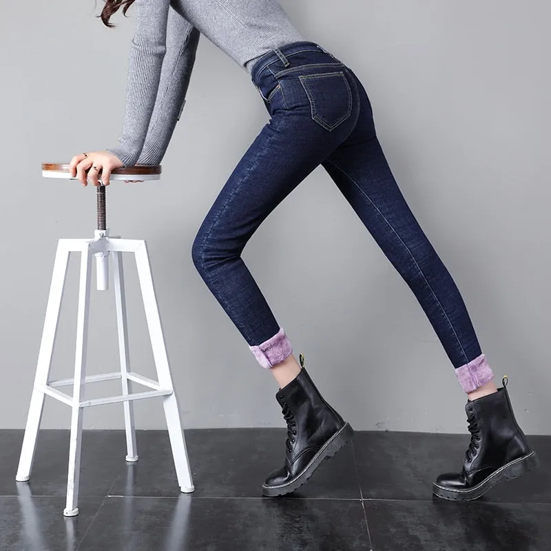 Women's Winter Thick Skinny High Waist Stretch Pencil Jeans Pants