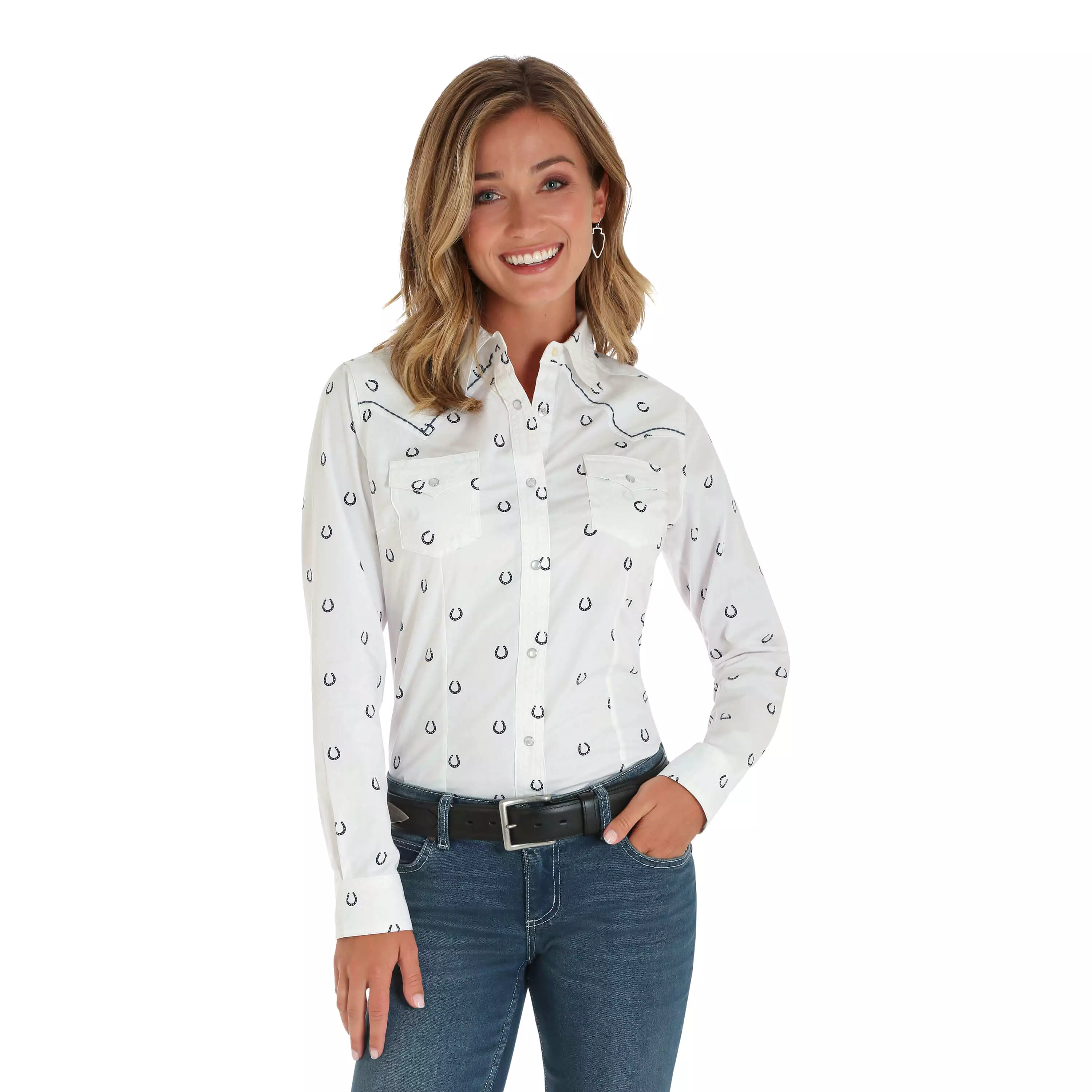 Women's Wrangler White Horseshoe Print Long Sleeve Shirt