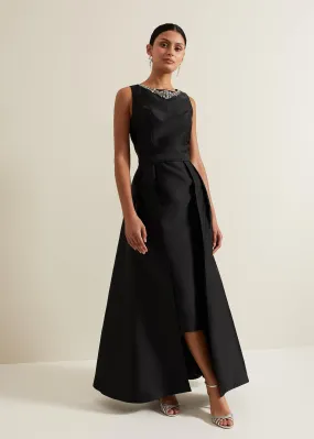 Yisanne Black Satin Embellished Maxi Dress