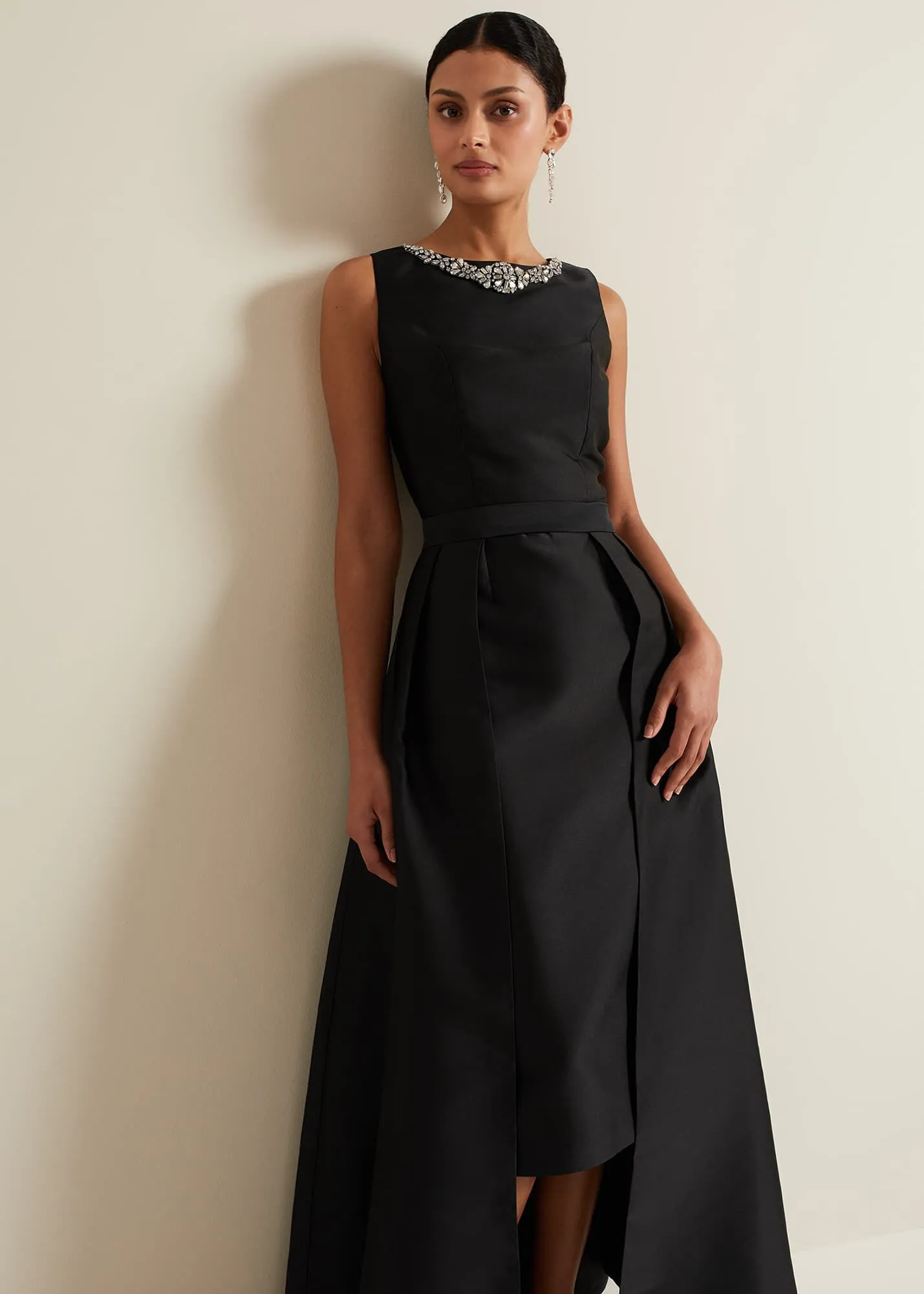 Yisanne Black Satin Embellished Maxi Dress